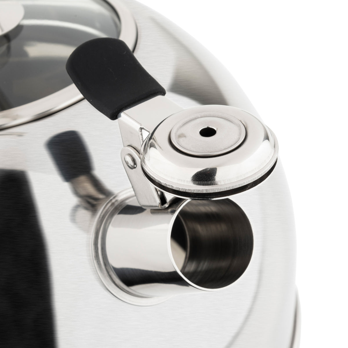Close-up of the Viking Culinary Products Viking 2.6-Quart Satin Finish Stainless Steel Whistling Kettle, featuring a black handle, open spout cover, glass lid, and a sleek induction-ready 3-ply base with reflective highlights.