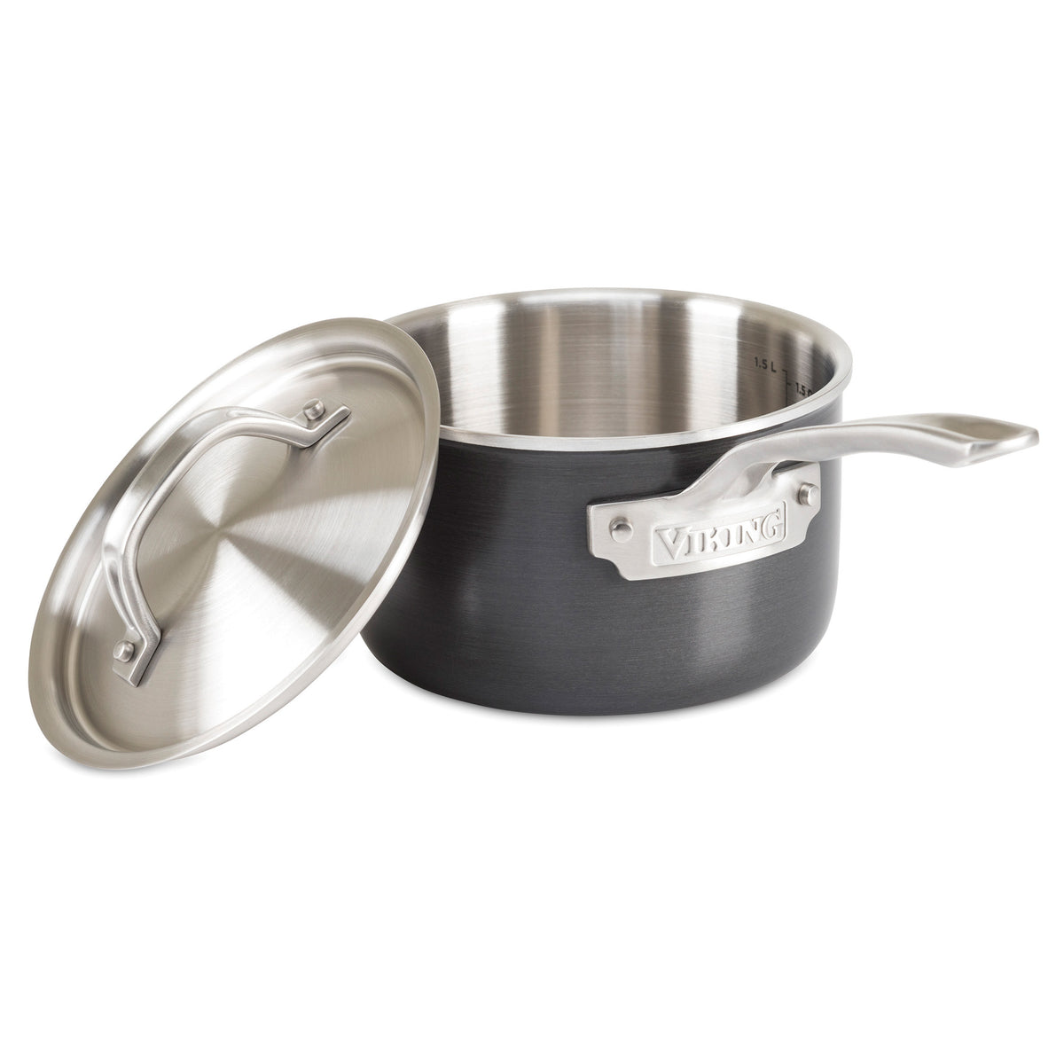 The Viking Culinary Products 5-Ply 10-Piece Hard Anodized Stainless Steel Cookware Set features handled saucepans with matching stainless lids. Induction compatible, the lids rest angled beside the pots and display the Viking brand name.