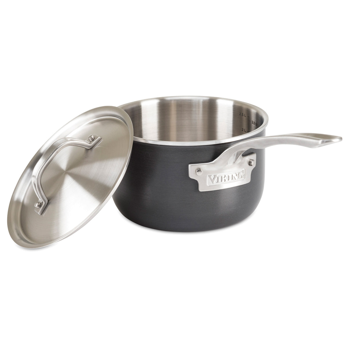 The Viking 5-Ply 10-Piece Hard Anodized Stainless Steel Cookware Set features stainless lids, a brushed finish, induction compatibility, and “Viking Culinary Products” branding on a metal plate attached to each pot’s side.