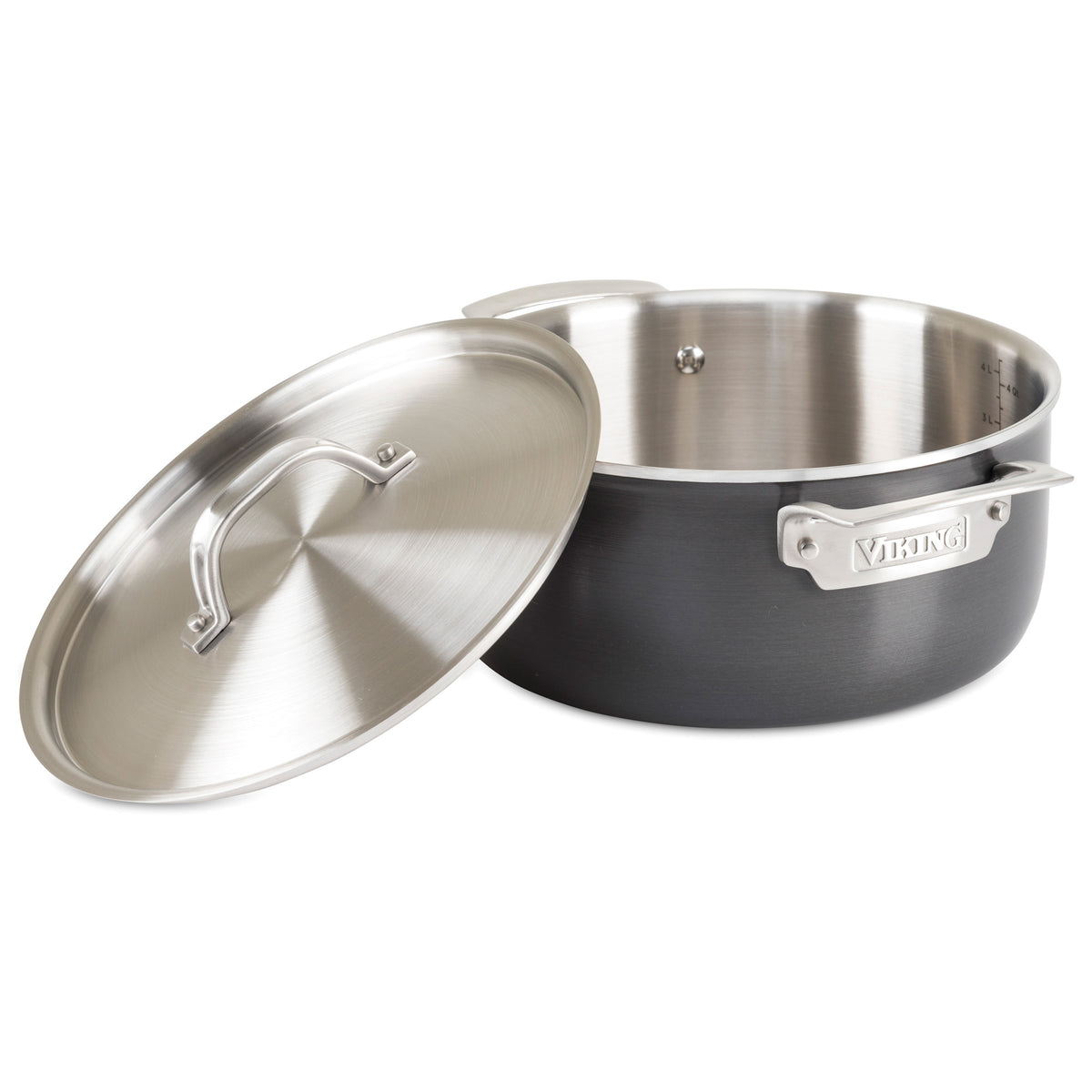 The Viking Culinary Products 5-Ply 10-Piece Hard Anodized Stainless Steel Cookware Set with Stainless Lids features sturdy handles and a shiny interior, displayed on a white background—an induction compatible choice for versatile kitchen use.