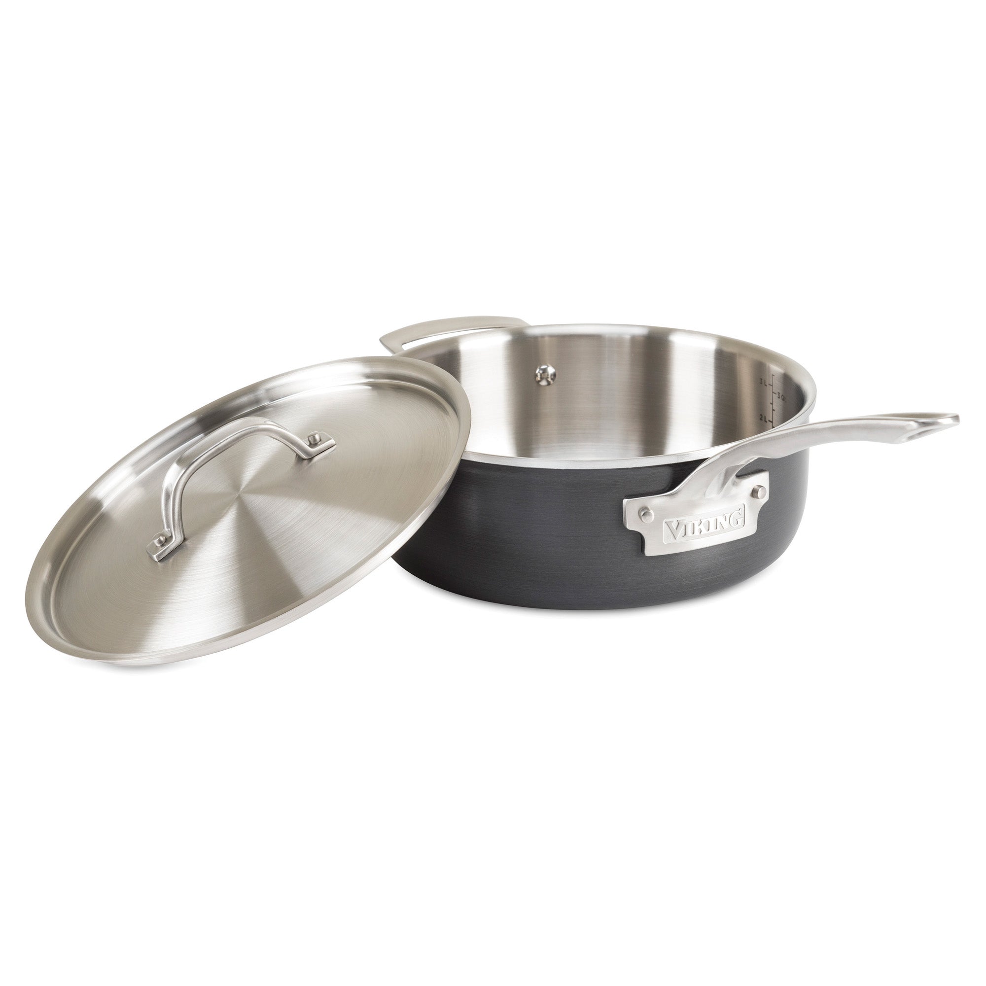The Viking 5-Ply 10-Piece Hard Anodized Stainless Steel Cookware Set from Viking Culinary Products features sturdy handles, stainless lids, induction compatibility, a brushed interior, and a dark exterior. The Viking brand name is on each handle.