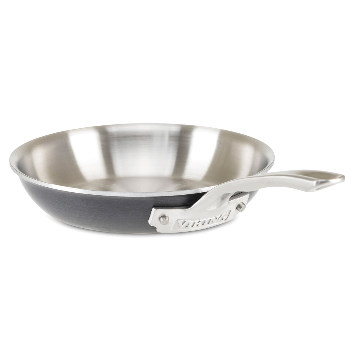 The Viking 5-Ply 10-Piece Hard Anodized Stainless Steel Cookware Set by Viking Culinary Products features a shiny stainless interior, dark hard anodized exterior, sturdy engraved handle, and is induction compatible for versatile cooking.