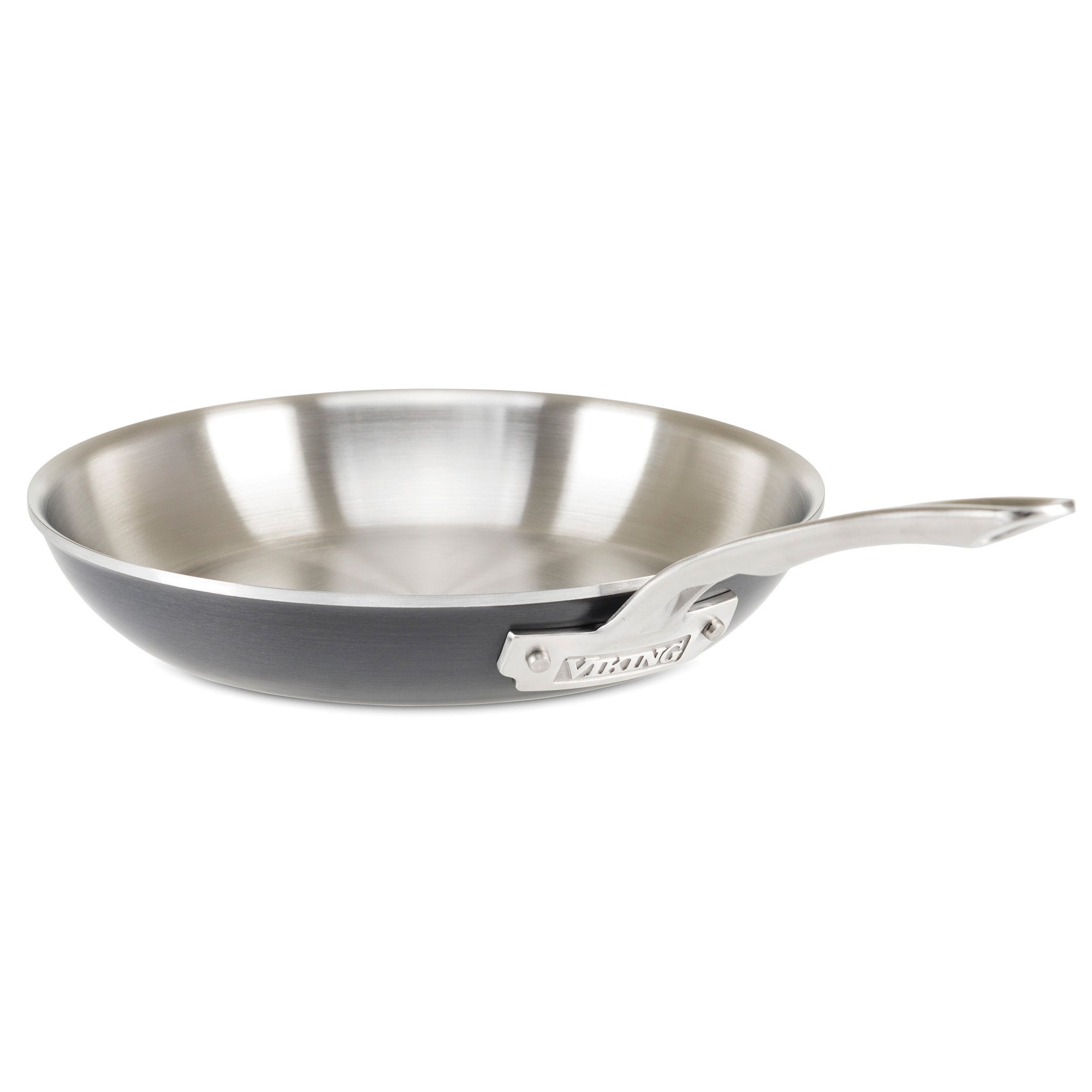 The Viking Culinary Products 5-Ply 10-Piece Hard Anodized Stainless Steel Cookware Set with stainless lids features pans with a shiny interior, brushed metal exterior, riveted handles, is induction compatible, and shown on a white background.