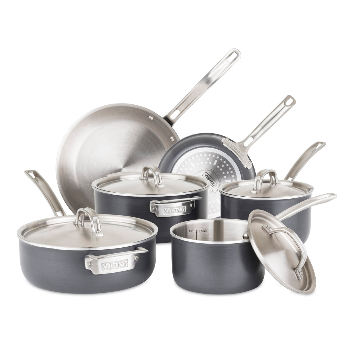 The Viking Culinary Products 5-Ply 10-Piece Hard Anodized Stainless Steel Cookware Set includes three saucepans with lids, a sauté pan with lid, and two induction-compatible fry pans, all featuring Viking branding and stainless lids.