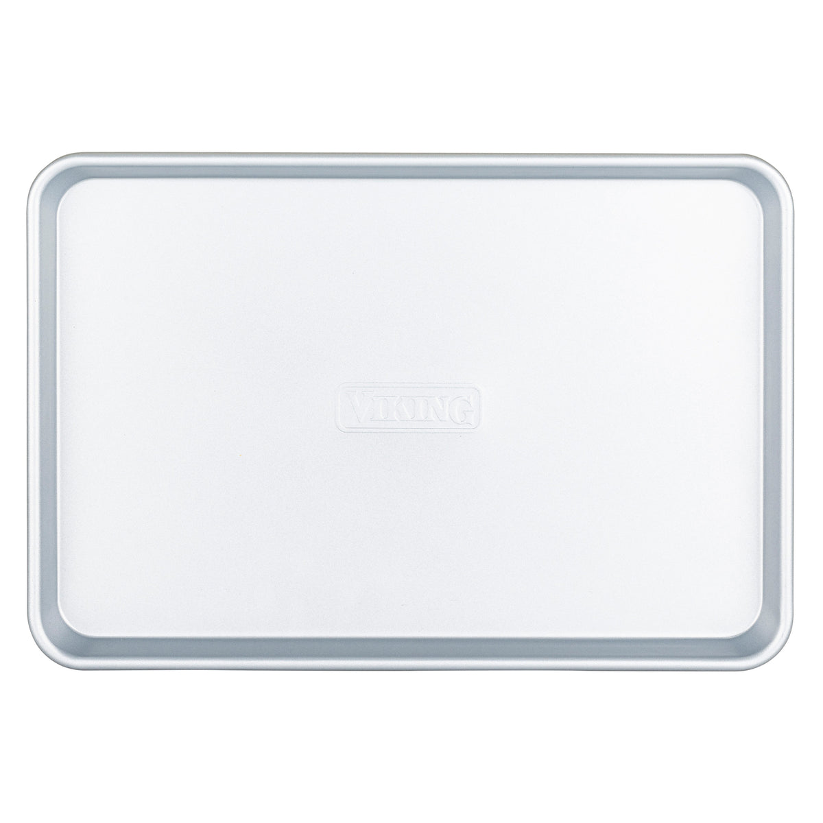 The Viking 15-Inch Aluminized Nonstick Baking Sheet from Viking Culinary Products is a rectangular, silver metal sheet with raised edges and an embossed logo, crafted for durability and easy cleaning—ideal for any kitchen use.