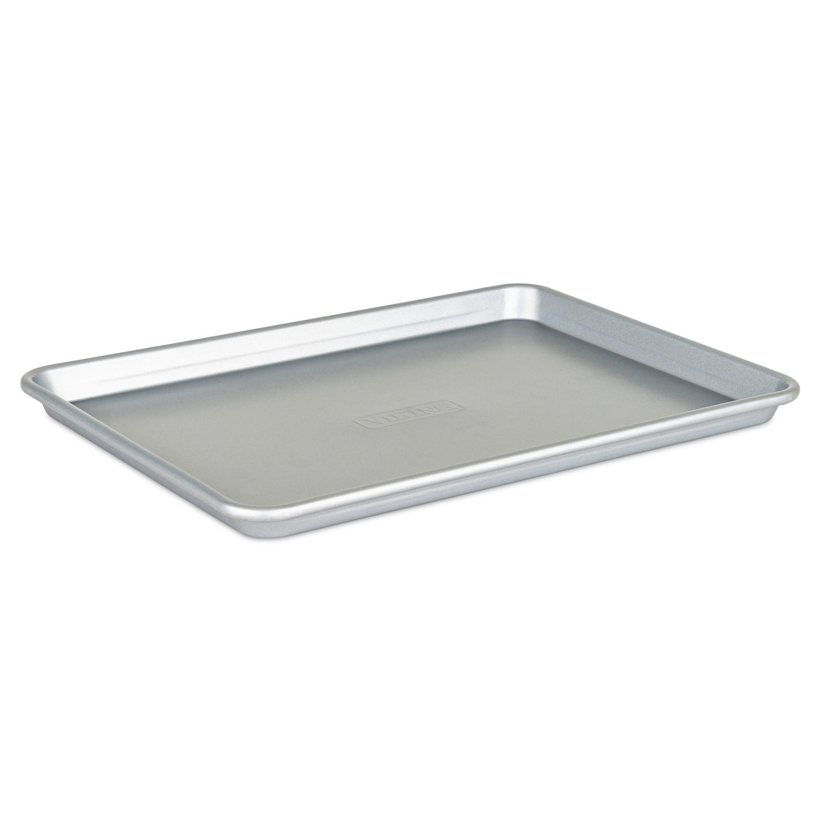 The Viking 2-Piece Nonstick Aluminized Steel Baking Sheet Set by Viking Culinary Products features silver, rectangular bakeware with slightly raised edges for excellent heat conductivity, shown on a white background.