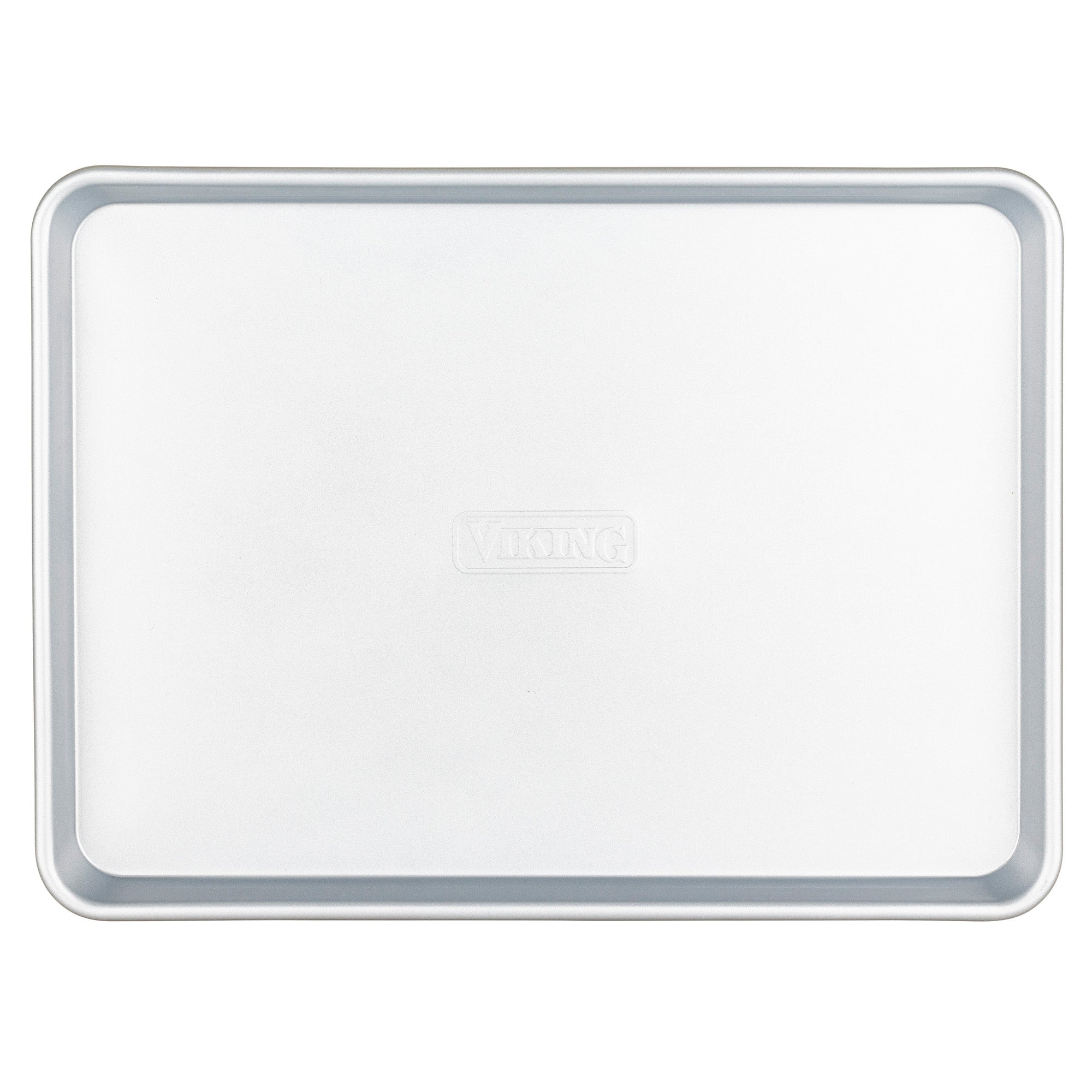The Viking 17-Inch Aluminized Nonstick Baking Sheet by Viking Culinary Products features a rectangular, silver design with slightly raised edges and Viking embossed in the center. Its clean, smooth surface is shown against a white background.