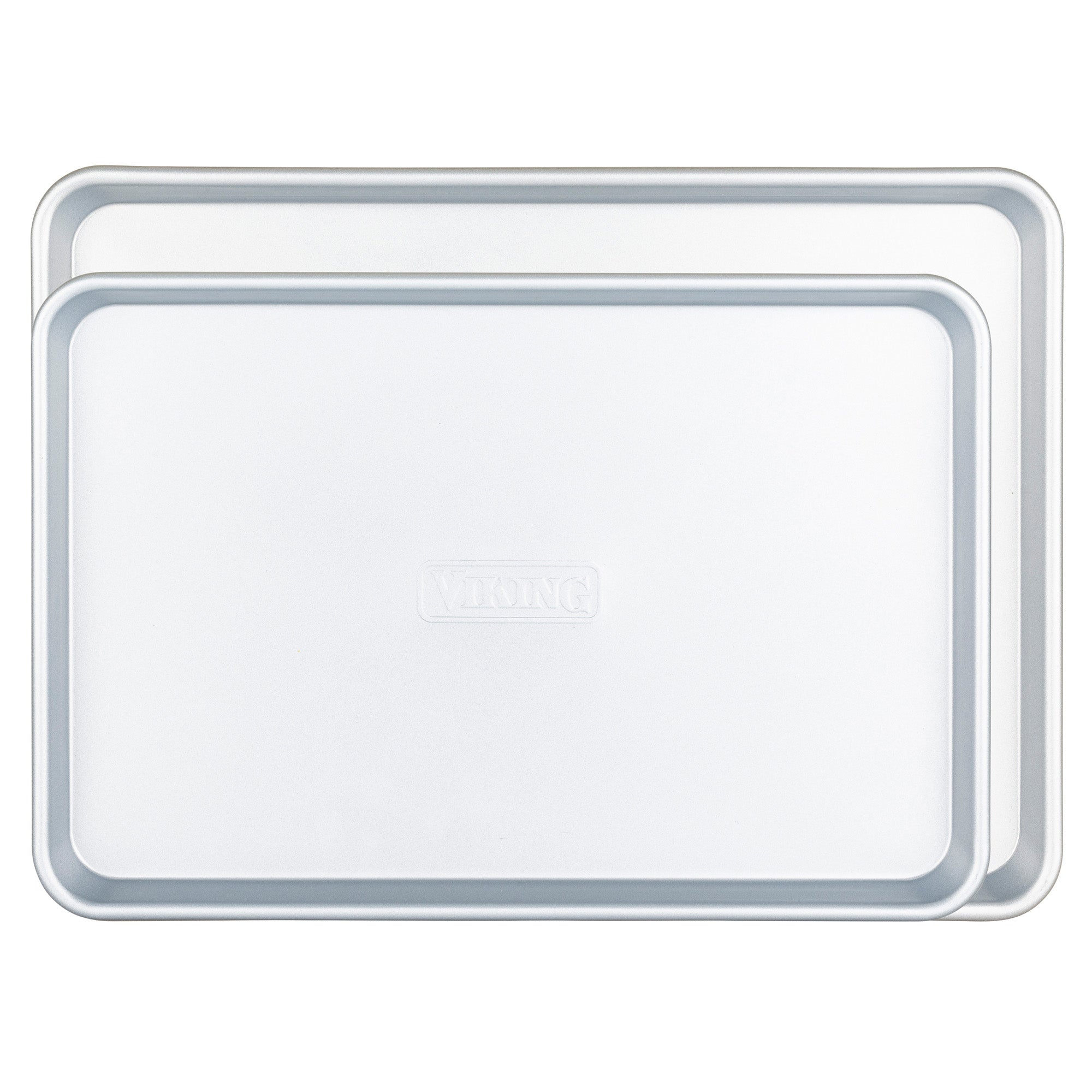 The Viking Culinary Products 2-Piece Nonstick Aluminized Steel Baking Sheet Set features two silver sheets embossed with VIKING, stacked together and shown on a plain white background for excellent heat conductivity.