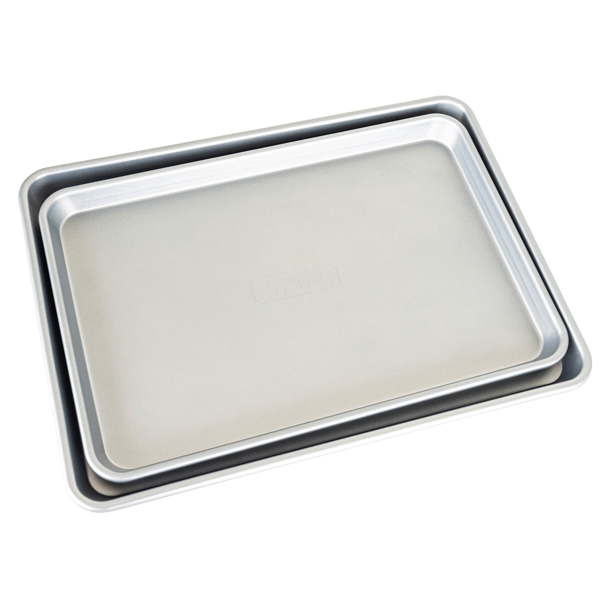 The Viking 2-Piece Nonstick Aluminized Steel Baking Sheet Set by Viking Culinary Products, featuring excellent heat conductivity, shows two rectangular sheets stacked together on a white background.
