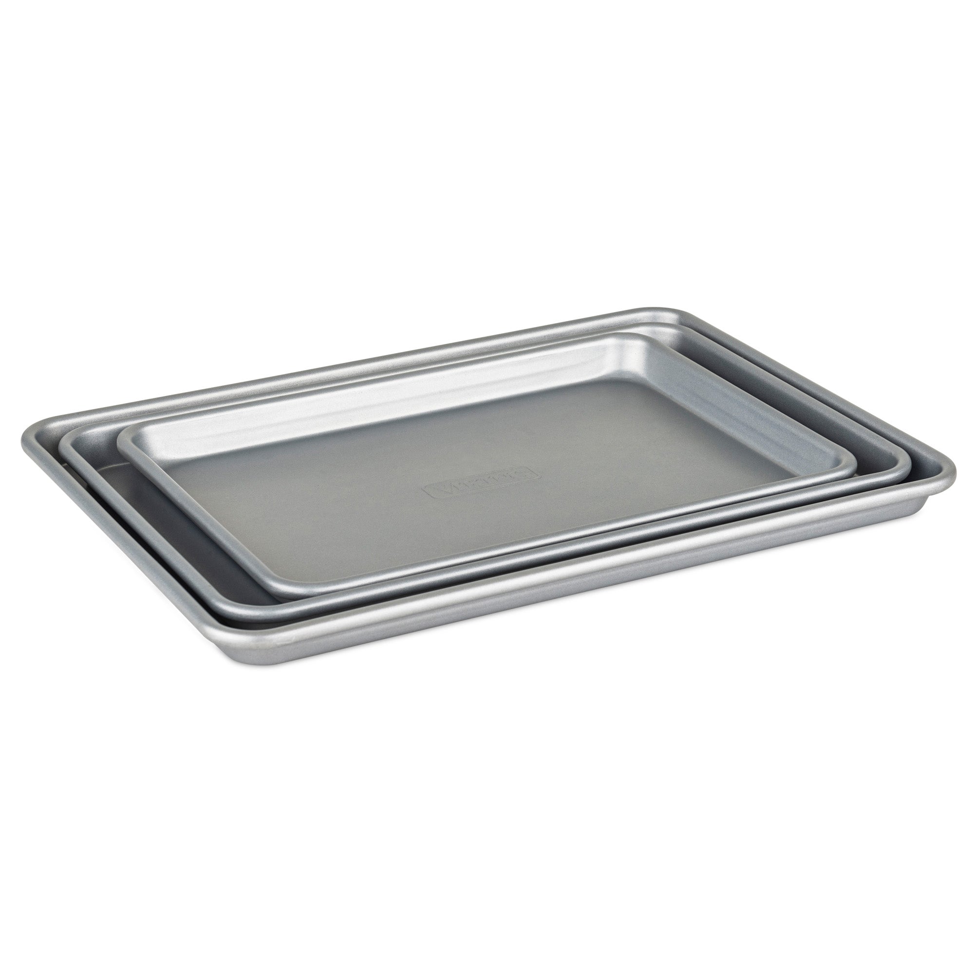 The Viking 3-Piece Nonstick Aluminized Steel Baking Sheet Set by Viking Culinary Products features three different-sized baking sheets stacked together on a white background.
