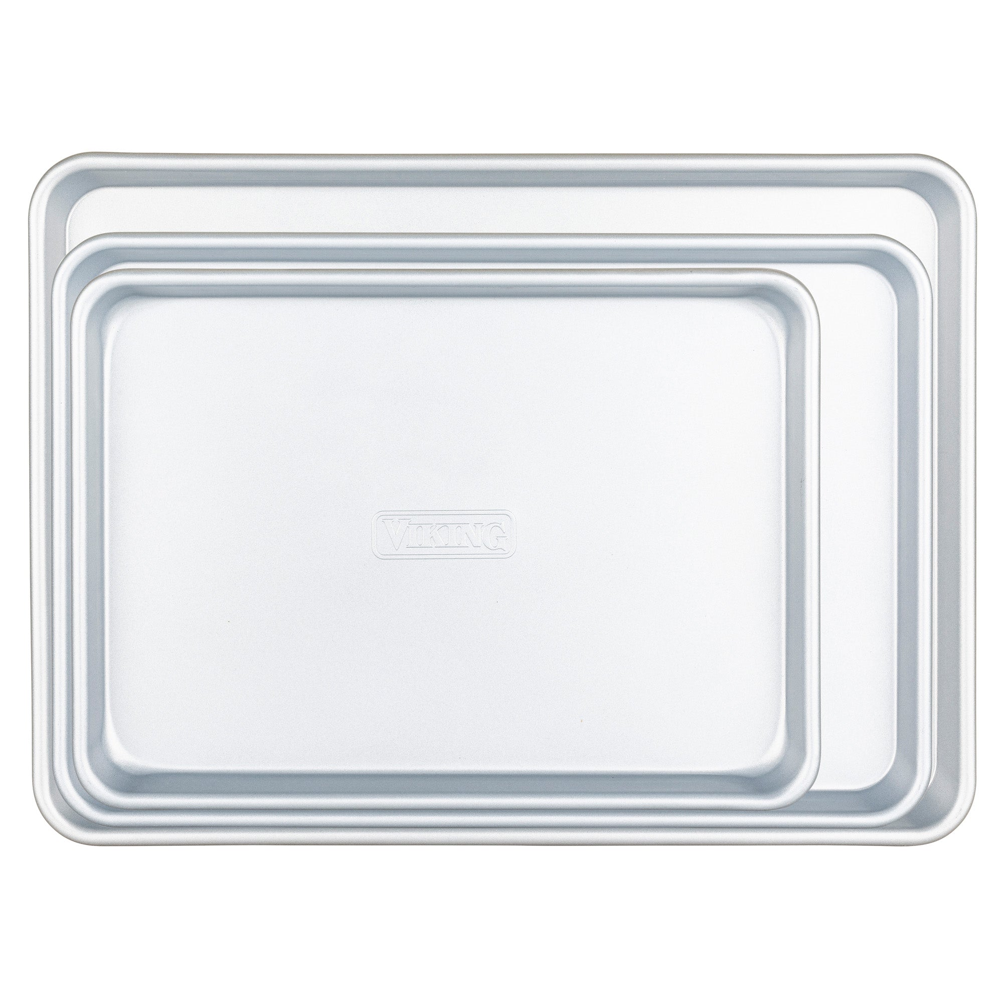 Three rectangular, nested baking sheets in varying sizes, made of nonstick aluminized steel, viewed from above. The set is the Viking 3-Piece Nonstick Aluminized Steel Baking Sheet Set by Viking Culinary Products.