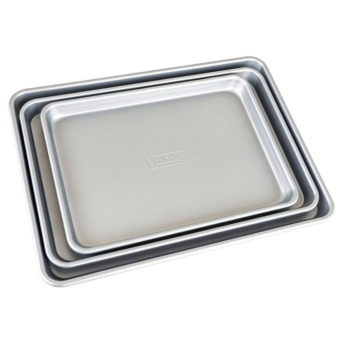 Three Viking Culinary Products Nonstick Aluminized Steel Baking Sheets in different sizes are stacked, smallest to largest, with the Viking name embossed on the top sheet.