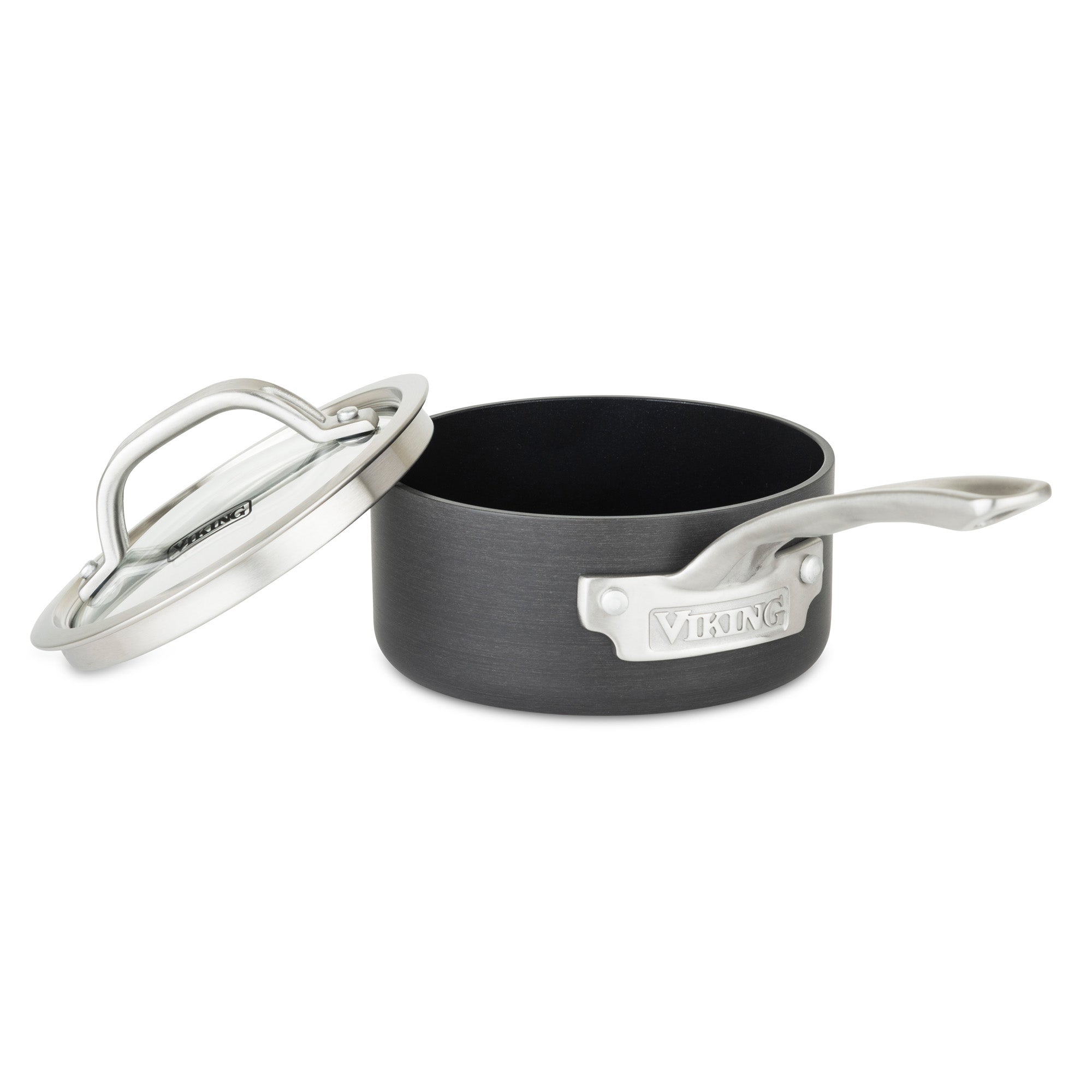 Viking Culinary Products Hard Anodized Nonstick 1-Quart Sauce Pan with stainless steel handle and tempered glass lid shown on a white background.