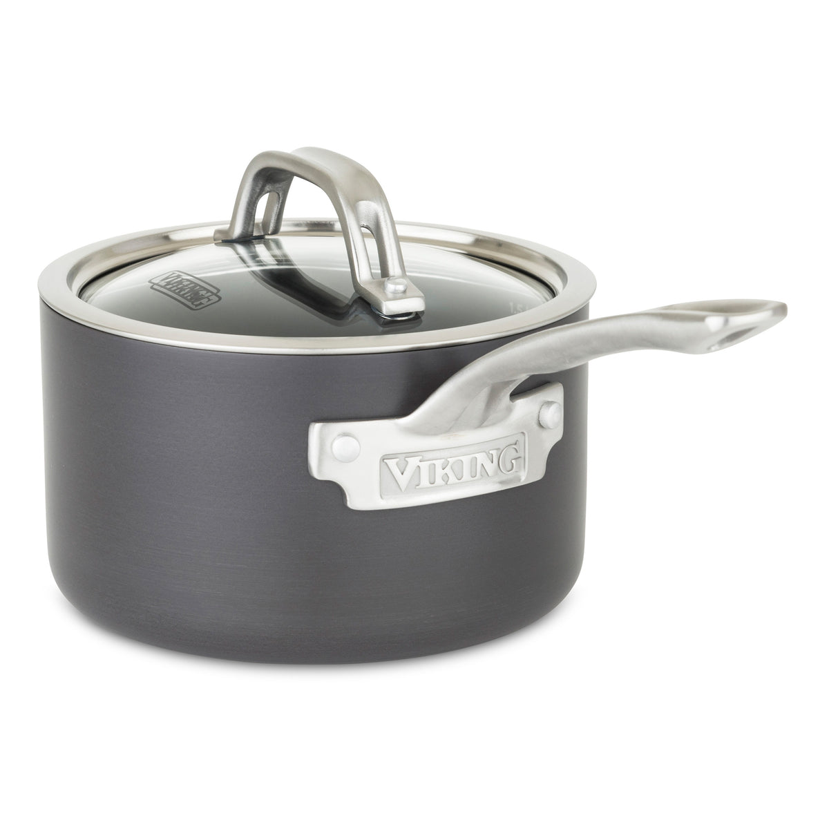 The Viking Hard Anodized Nonstick 2-Quart Sauce Pan with Glass Lid by Viking Culinary Products features a hard anodized aluminum body, stainless steel handle, tempered glass lid, and the Viking logo on the side.