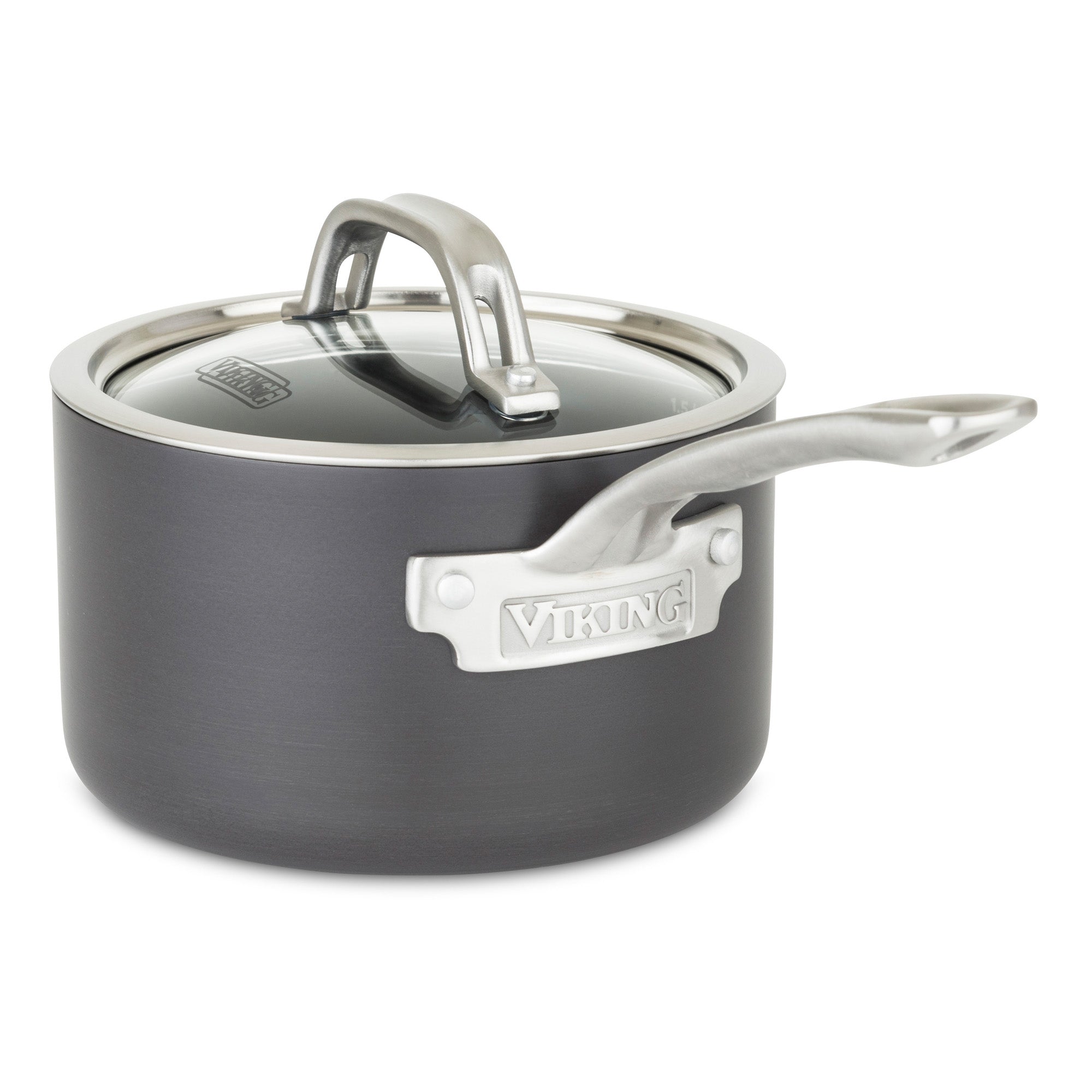 A gray saucepan from the Viking Hard Anodized Nonstick 10-Piece Cookware Set by Viking Culinary Products features a long handle, a glass-lidded top with metal accents, and the Viking logo engraved on a side plate.