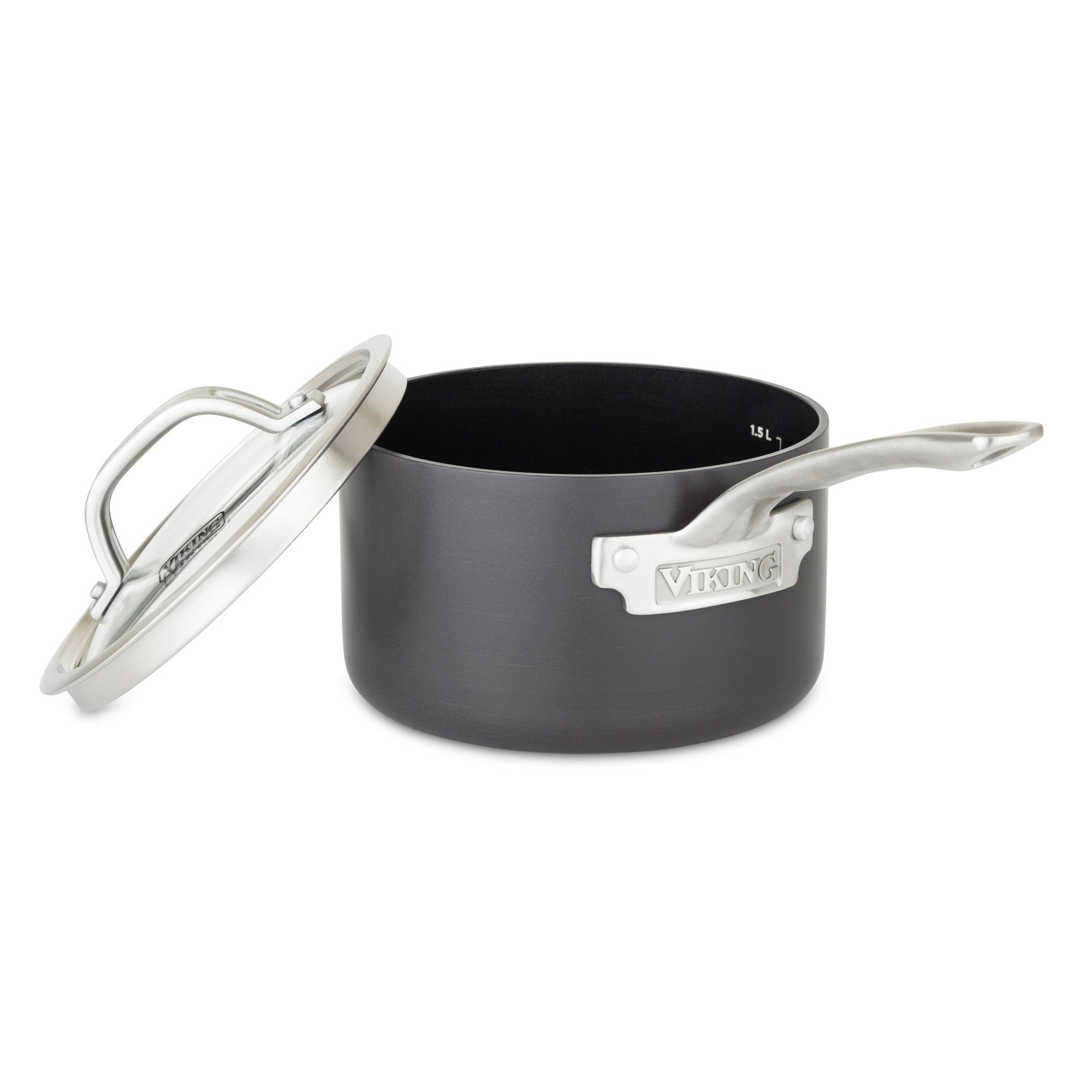 The Viking Hard Anodized Nonstick 2-Quart Sauce Pan by Viking Culinary Products features a black finish, silver handle, tempered glass lid, and a metal plate engraved with VIKING on its side.