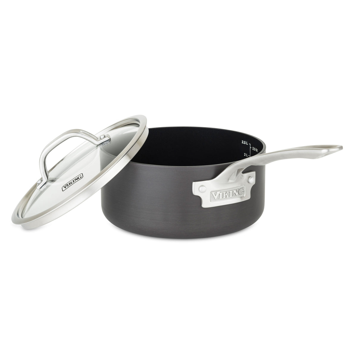 The Viking Hard Anodized Nonstick 3-Quart Sauce Pan by Viking Culinary Products features a black finish, silver handle, and matching glass lid. The partially open lid displays the durable triple-layer nonstick surface.