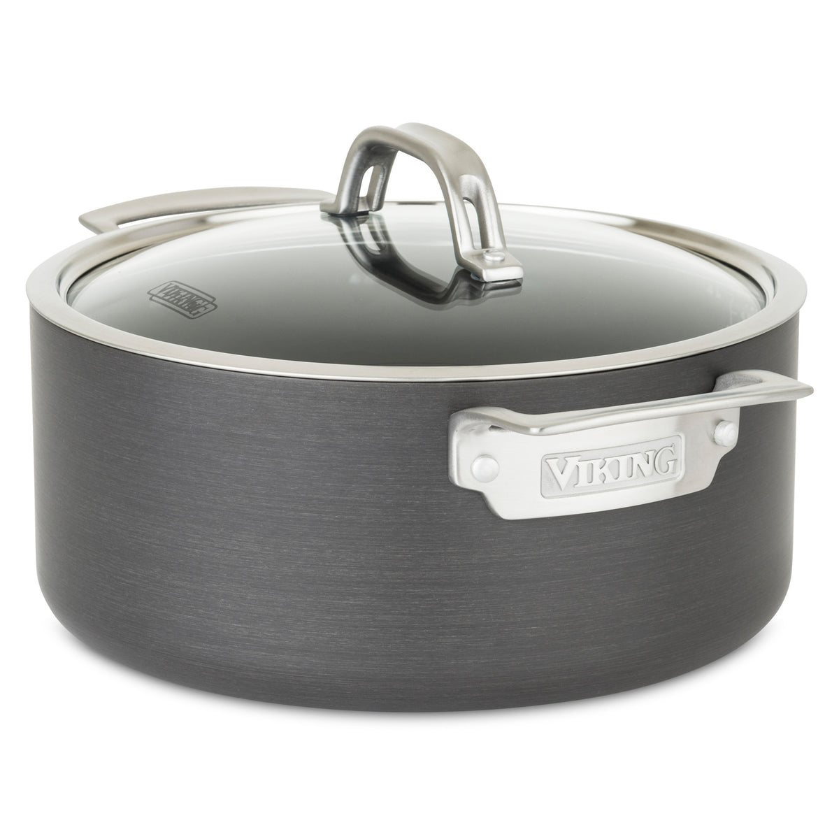 A large, dark gray Dutch Oven from the Viking Hard Anodized Nonstick 10-Piece Cookware Set features metal handles with the Viking Culinary Products logo and a glass lid for a premium look.