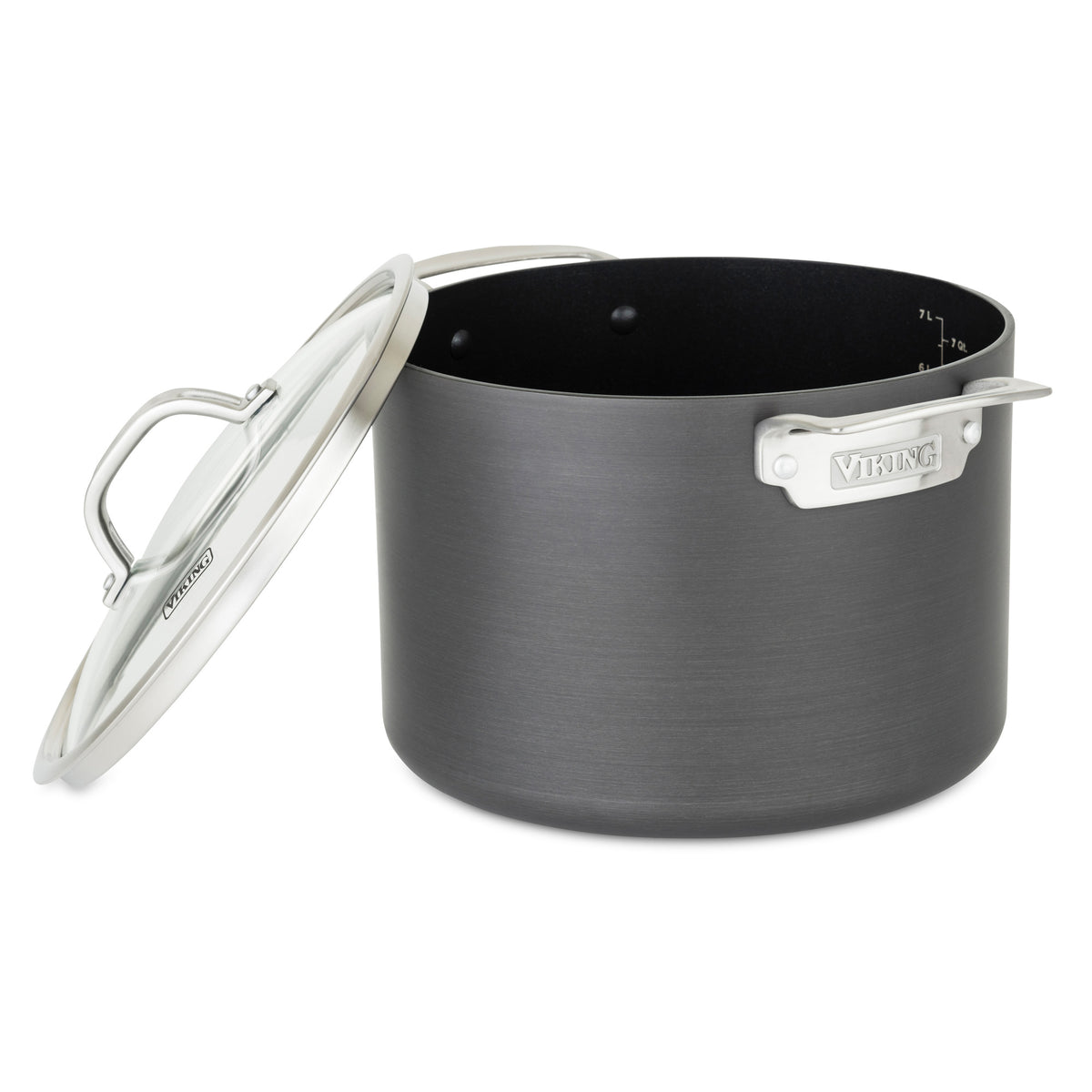 The Viking Hard Anodized Nonstick 8-Quart Stock Pot by Viking Culinary Products features a durable black finish, interior measurement markings, metal handles with the Viking logo, and includes a glass lid shown resting at an angle.
