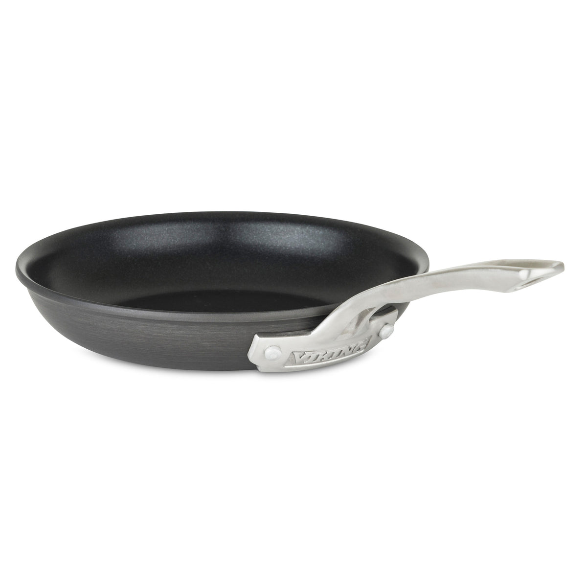 The Viking Hard Anodized Nonstick 8-inch Fry Pan by Viking Culinary Products features a black finish, silver metal handle, and durable hard anodized aluminum construction, pictured against a white background.