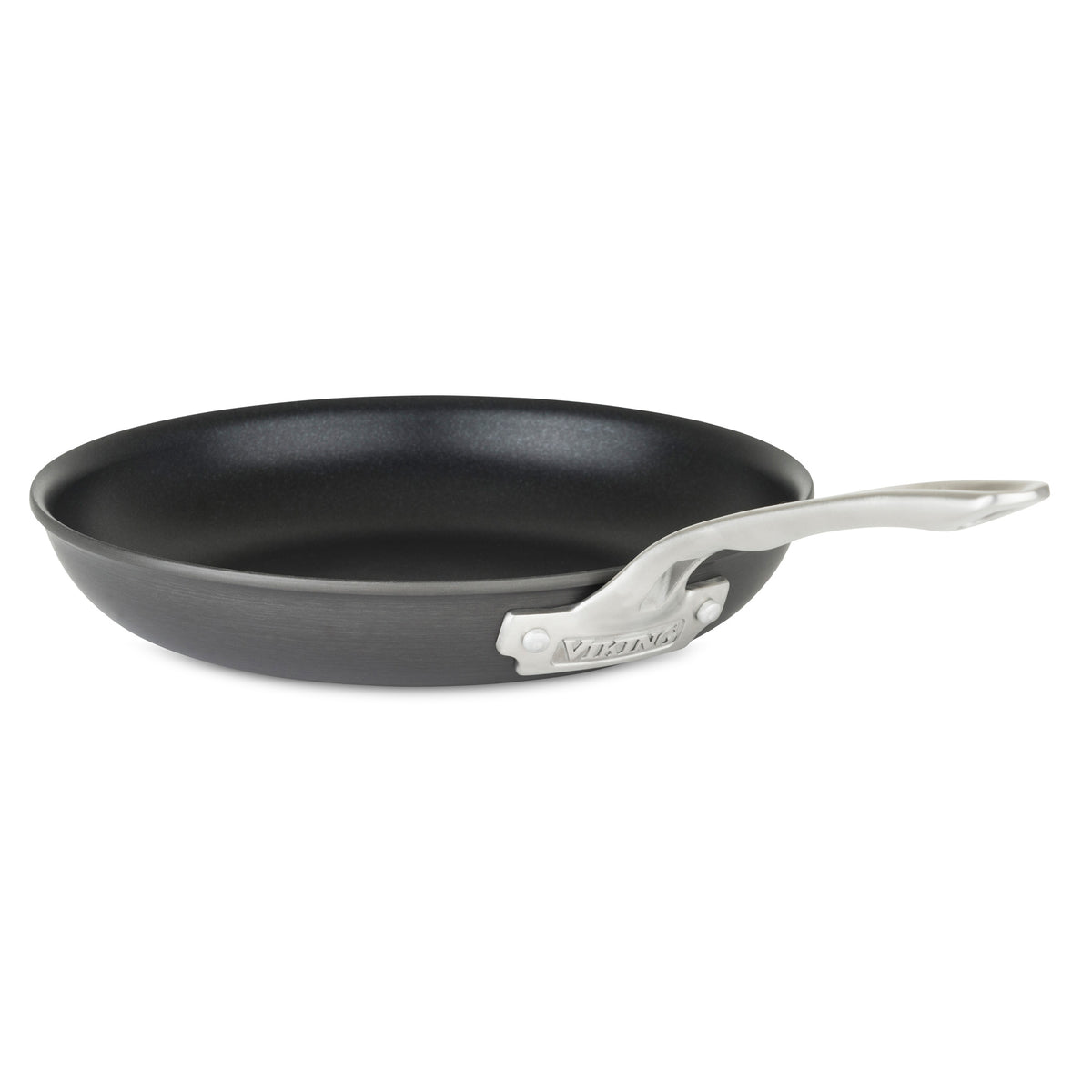 A black frying pan from the Viking Hard Anodized Nonstick 10-Piece Cookware Set by Viking Culinary Products features a curved silver handle, shown side view and slightly above on a white background.