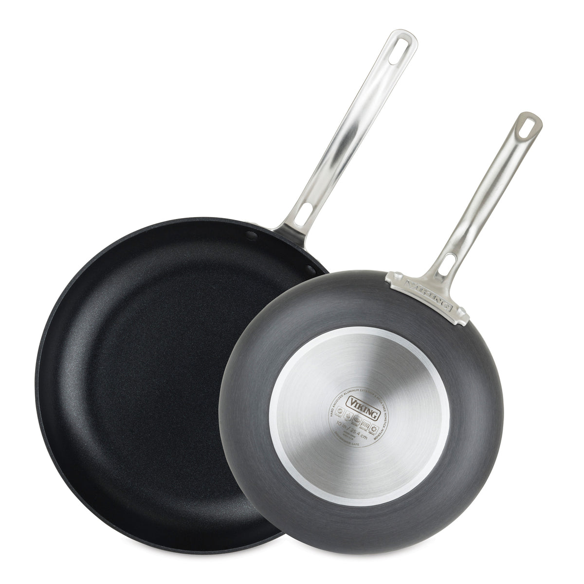The Viking Culinary Products Hard Anodized Nonstick 2-Piece Fry Pan Set (10" & 12") features two pans: one highlighting the black nonstick interior, and the other showing the brushed stainless steel base with Viking branding and stay-cool handles.