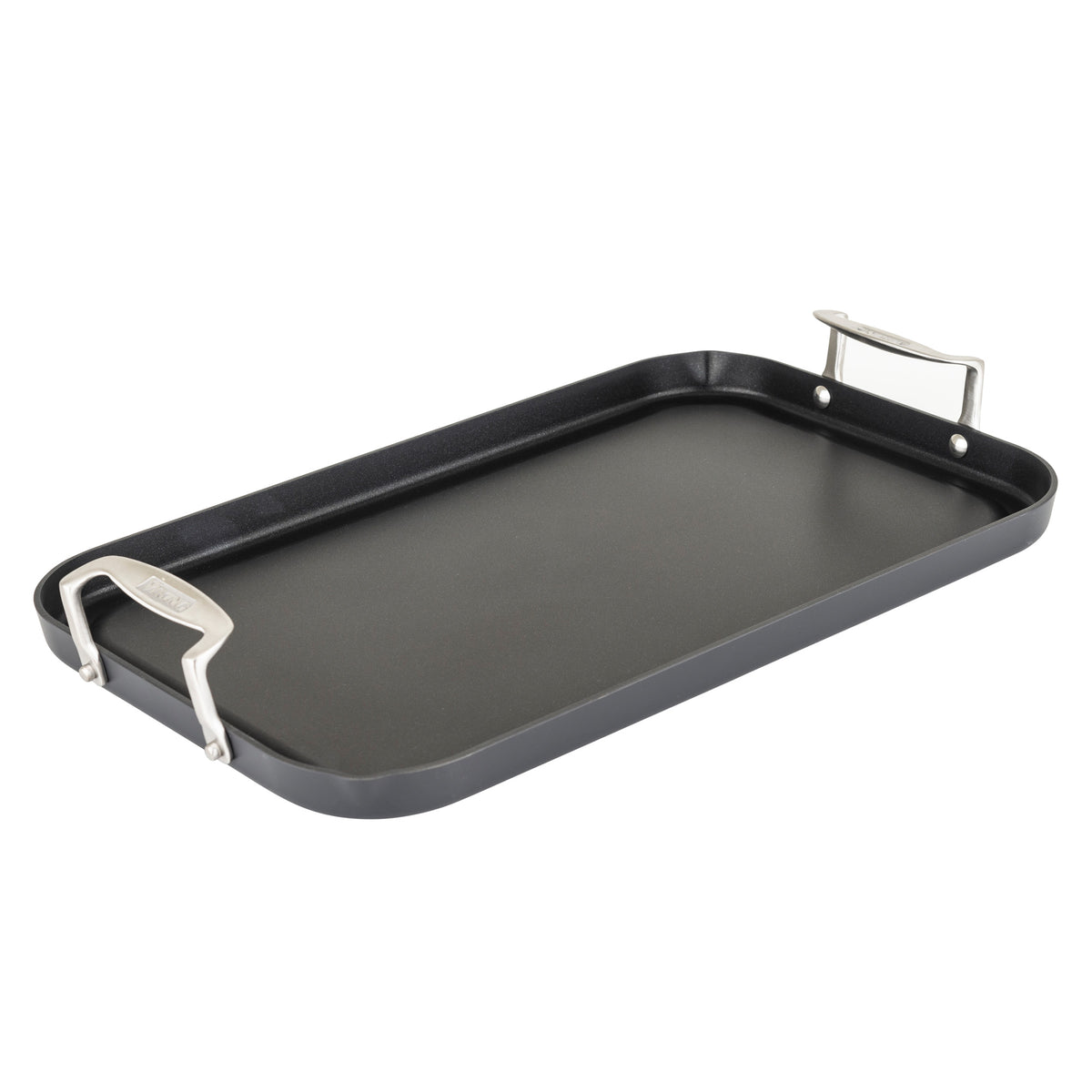 The Viking Hard Anodized Nonstick Double Burner Griddle by Viking Culinary Products is a rectangular, black griddle with raised silver handles on each end, made from nonstick anodized aluminum and displayed on a white background.