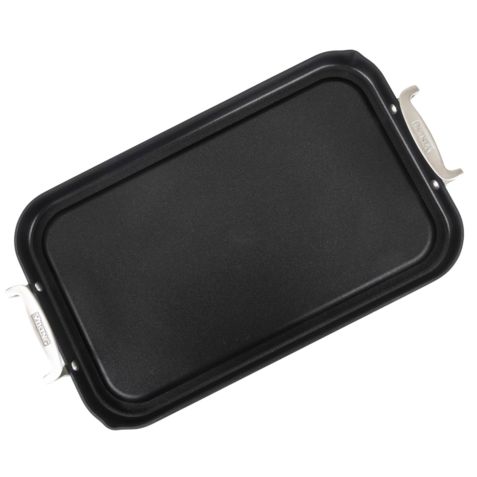 The Viking Hard Anodized Nonstick Double Burner Griddle by Viking Culinary Products is a rectangular black griddle with silver handles, featuring an anodized aluminum build and smooth nonstick surface for cooking or grilling.