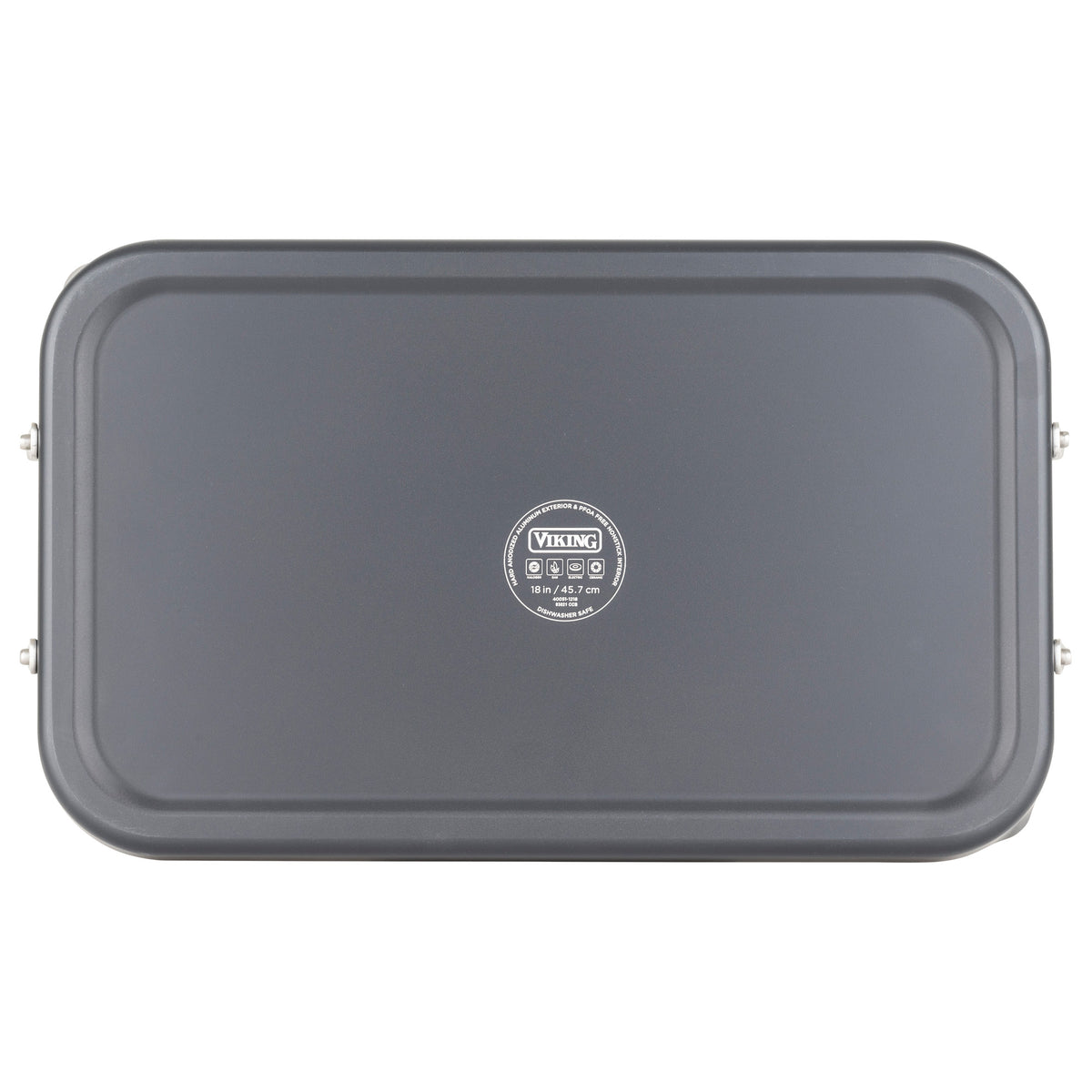A rectangular black Viking Hard Anodized Nonstick Double Burner Griddle lid by Viking Culinary Products is shown from above, with a centered round Viking logo, product details, anodized aluminum build, and silver side handles for a sleek look.
