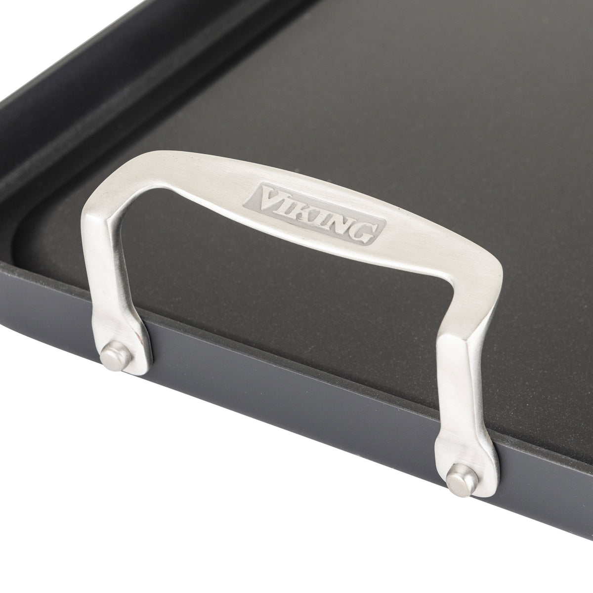 The Viking Hard Anodized Nonstick Double Burner Griddle by Viking Culinary Products features a smooth, nonstick anodized aluminum surface and a sturdy brushed stainless steel handle engraved with VIKING for easy cooking and cleaning.