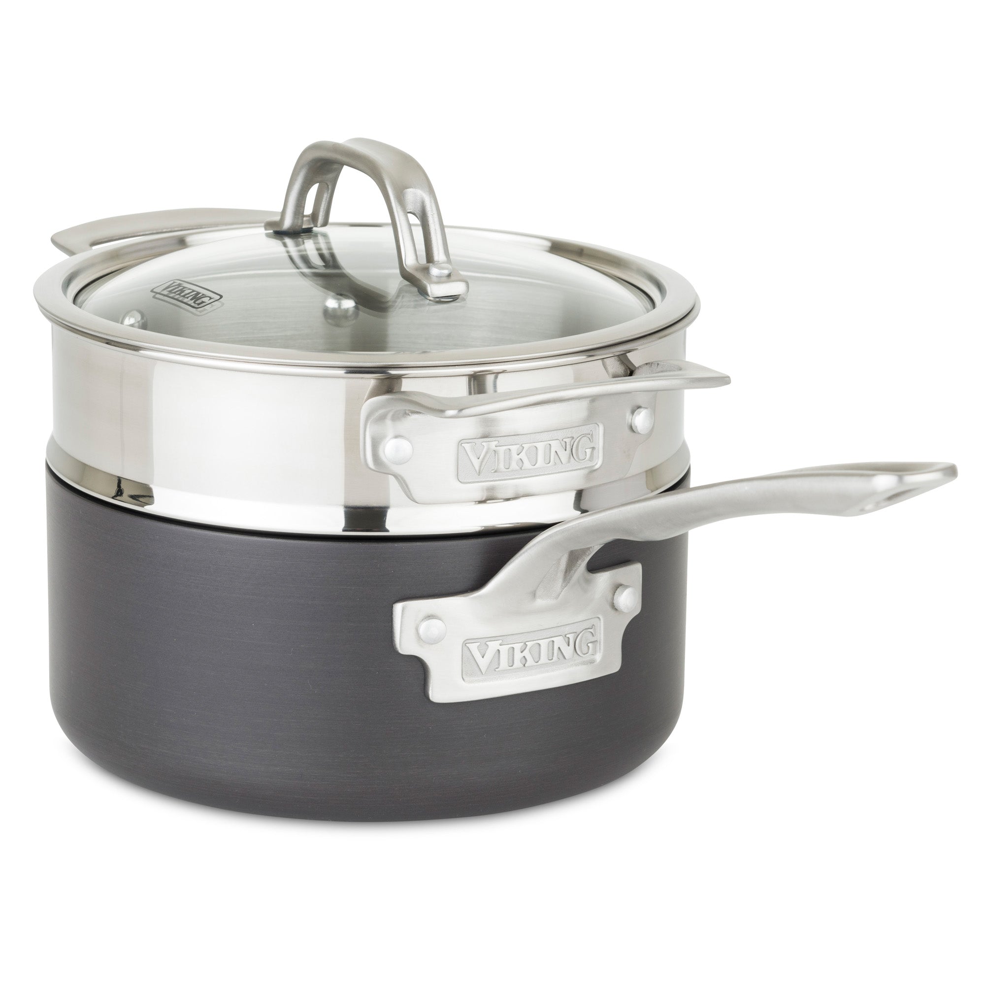 A Viking Culinary Products stainless steel universal steamer insert and colander is stacked with a black hard anodized saucepan and glass lid, all dishwasher safe and engraved with the Viking name for durable, easy cleaning.