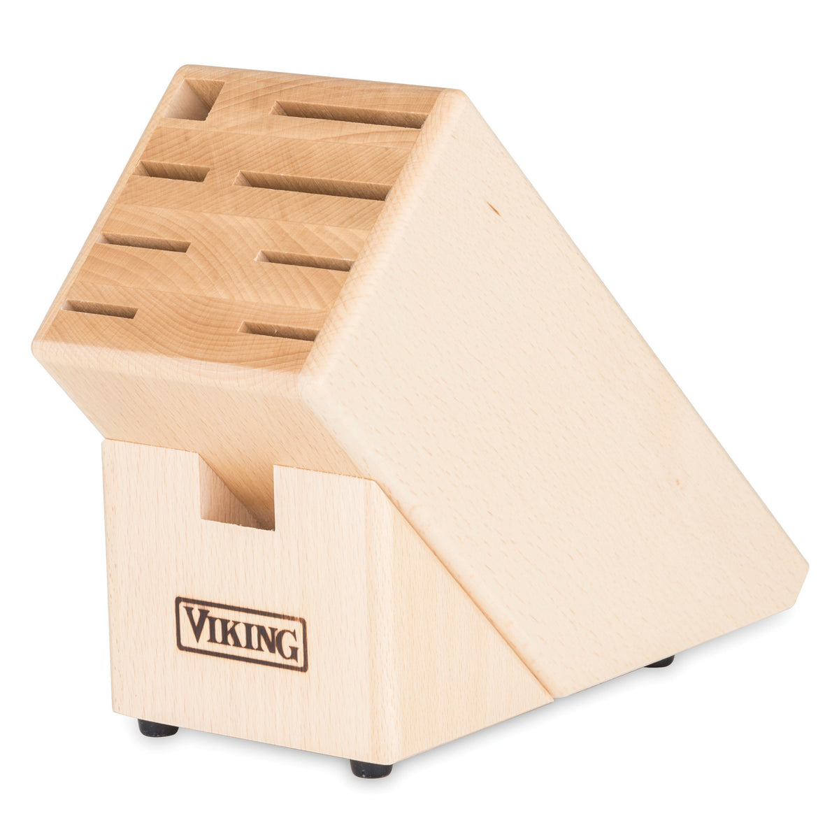 The Viking Culinary Products Professional 7-Piece Cutlery Set includes a wooden knife block with angled slots for chef knives made of German steel, featuring the Viking logo on the front.