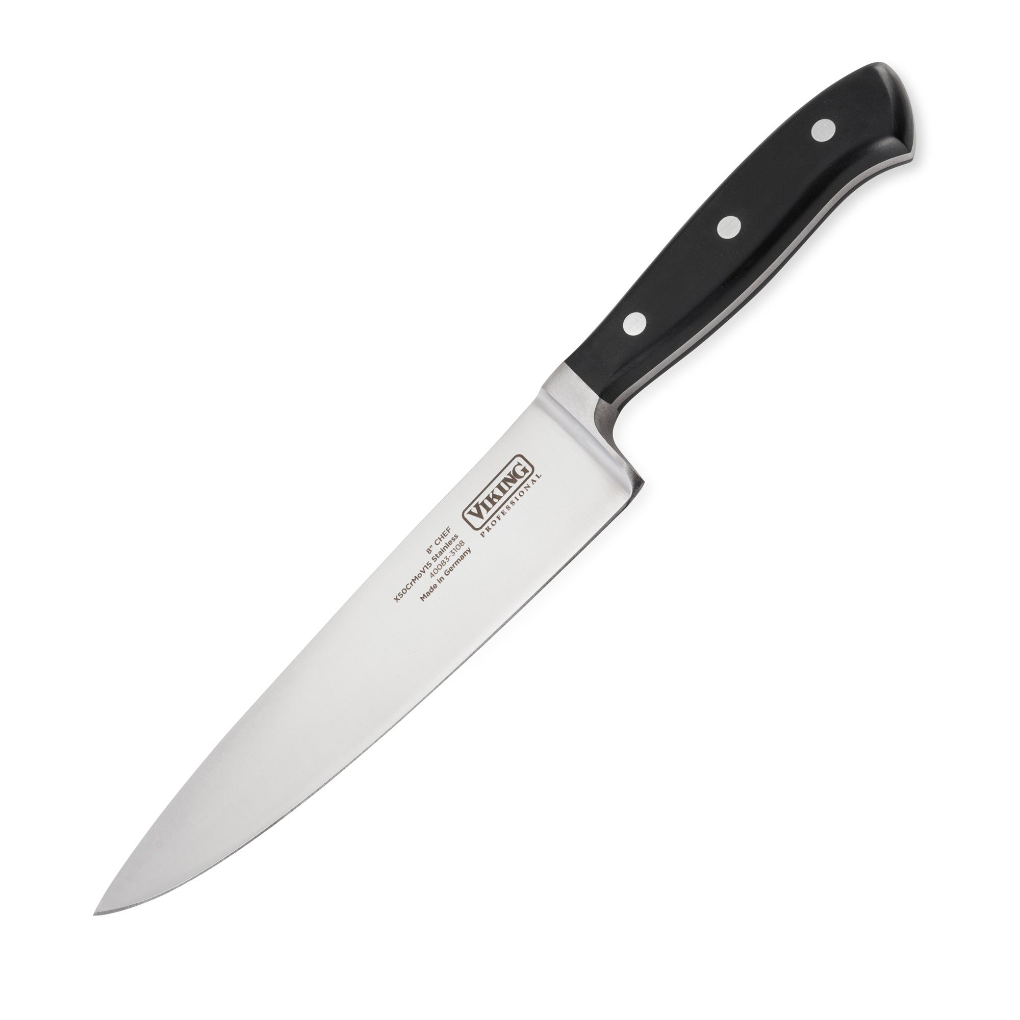 The Viking Professional 8-Inch Chefs Knife by Viking Culinary Products is made from premium German stainless steel with a black handle and three silver rivets, shown on a white background for lasting edge retention and top performance.