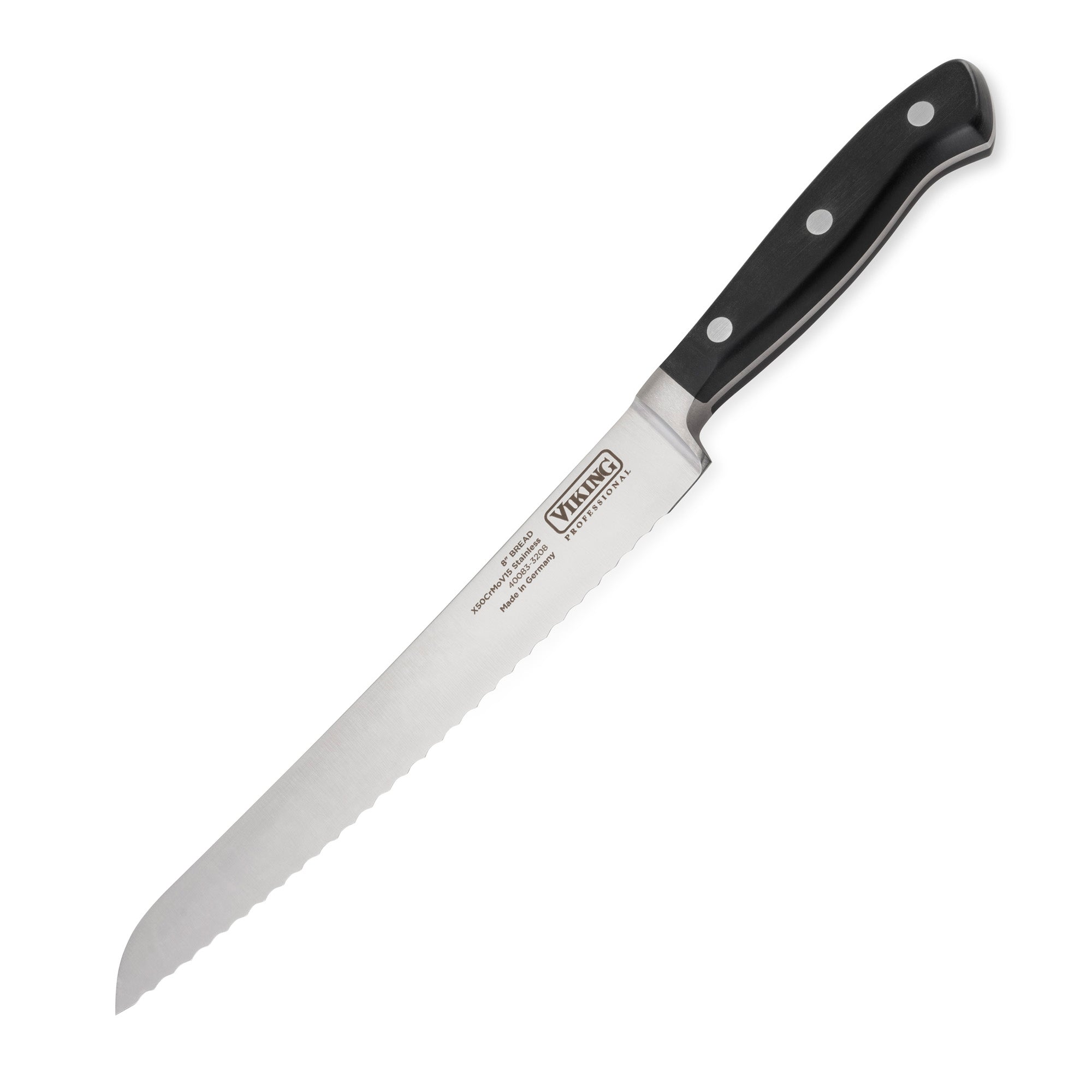 The Viking Professional 8-Inch Bread Knife by Viking Culinary Products has a serrated German steel blade, black handle with three rivets, and is shown on a white background.