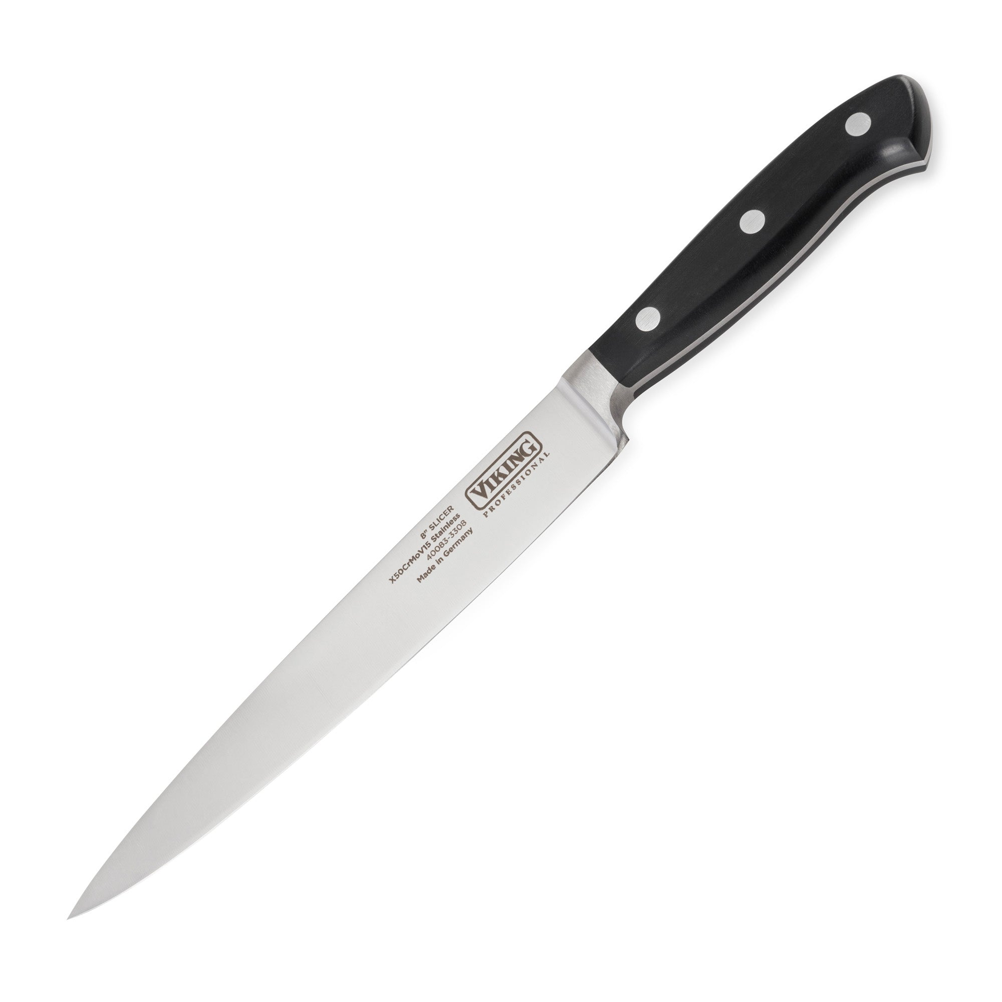 A Viking Professional 2-Piece Carving Set by Viking Culinary Products, made from German steel with black handles featuring three rivets, is displayed on a white background. The blade is marked with the brand name and product details.