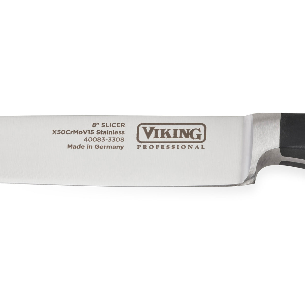 Close-up of the Viking Professional 8 Carving Knife blade by Viking Culinary Products, featuring the brand logo and product details etched on premium German steel, with part of its black handle in view.