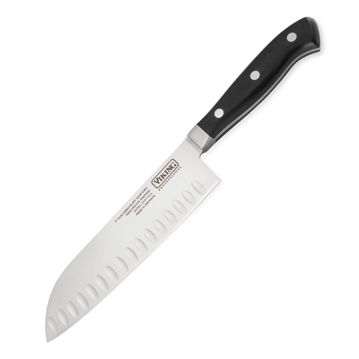 The Viking Professional 7-Inch Santoku Knife by Viking Culinary Products features premium German steel, a black handle with three silver rivets, blade oval indentations, and is dishwasher safe for easy cleaning.