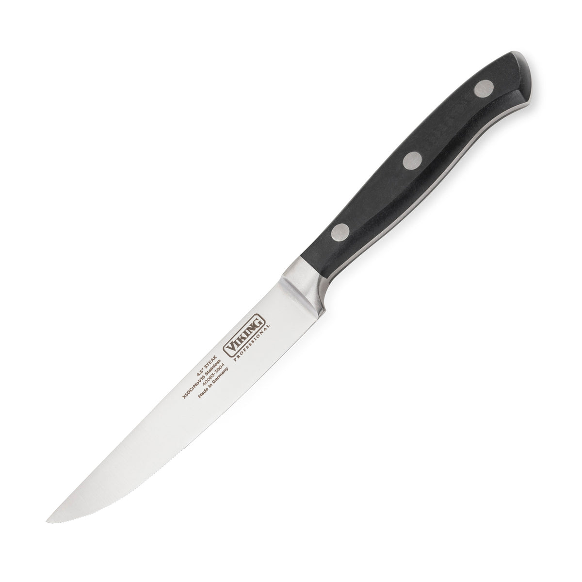 The Viking Professional 4.5-Inch Steak Knife by Viking Culinary Products features a pointed German steel blade and a black handle with three metal rivets, displayed against a white background.