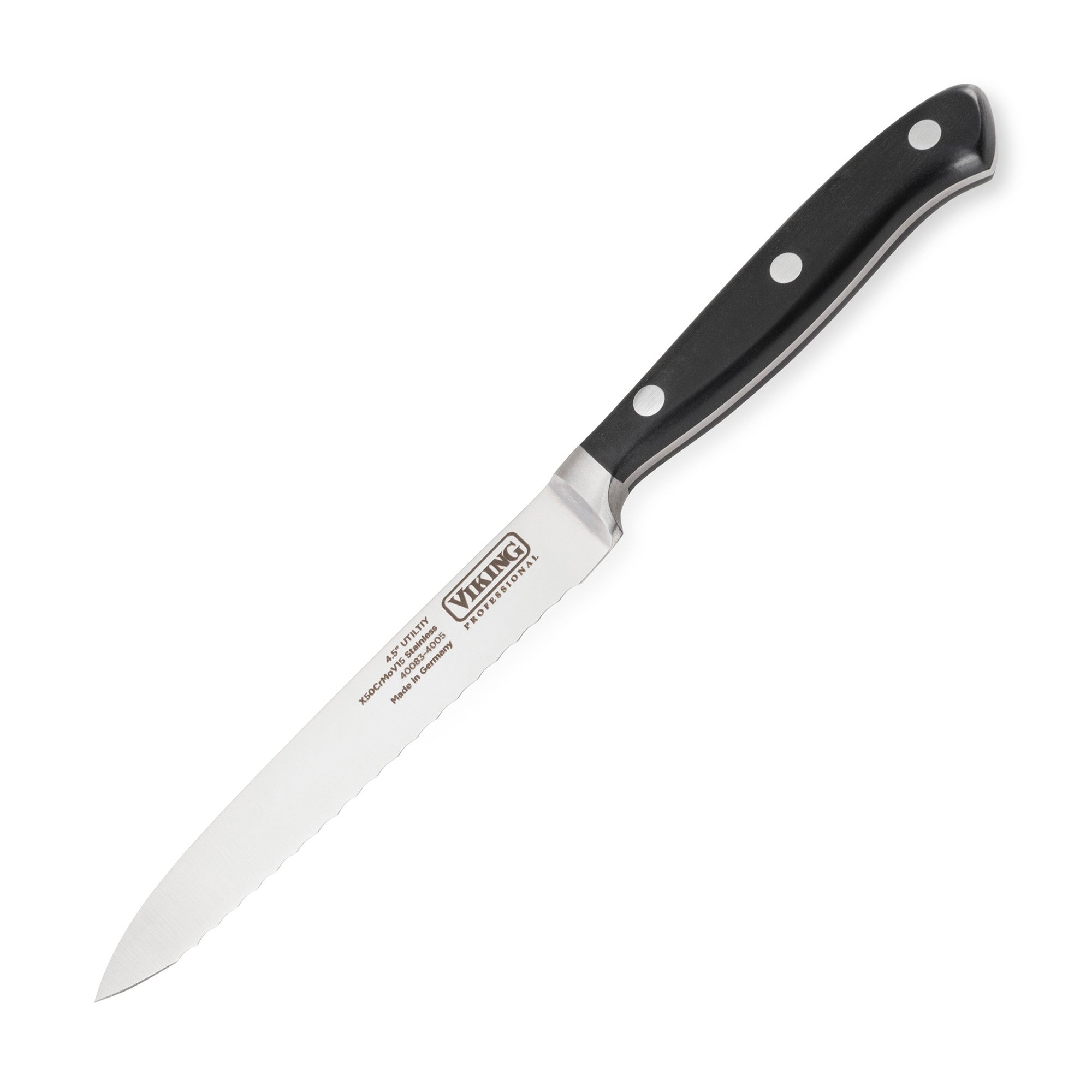 The Viking Professional 5-Inch Serrated Utility Knife from Viking Culinary Products features a black handle with three metal rivets and a German steel blade, labeled with Viking branding and product details, set against a white background.