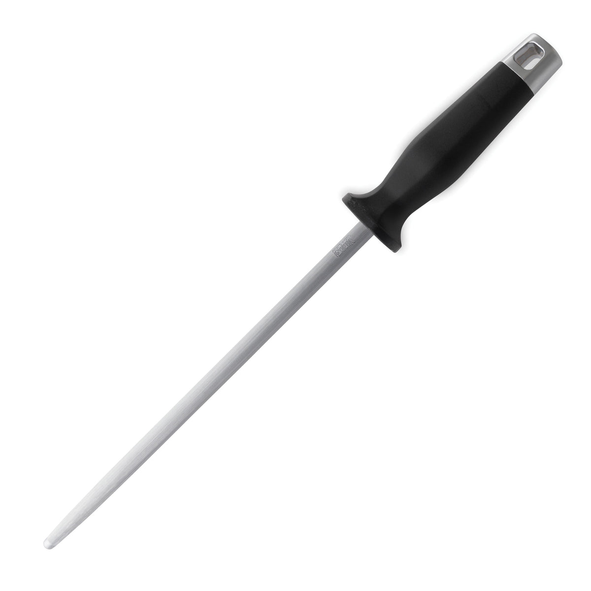 The Viking Professional 10-Inch Sharpening Steel by Viking Culinary Products features a long German steel rod and a black ergonomic handle, ideal for sharpening knives with excellent corrosion resistance.
