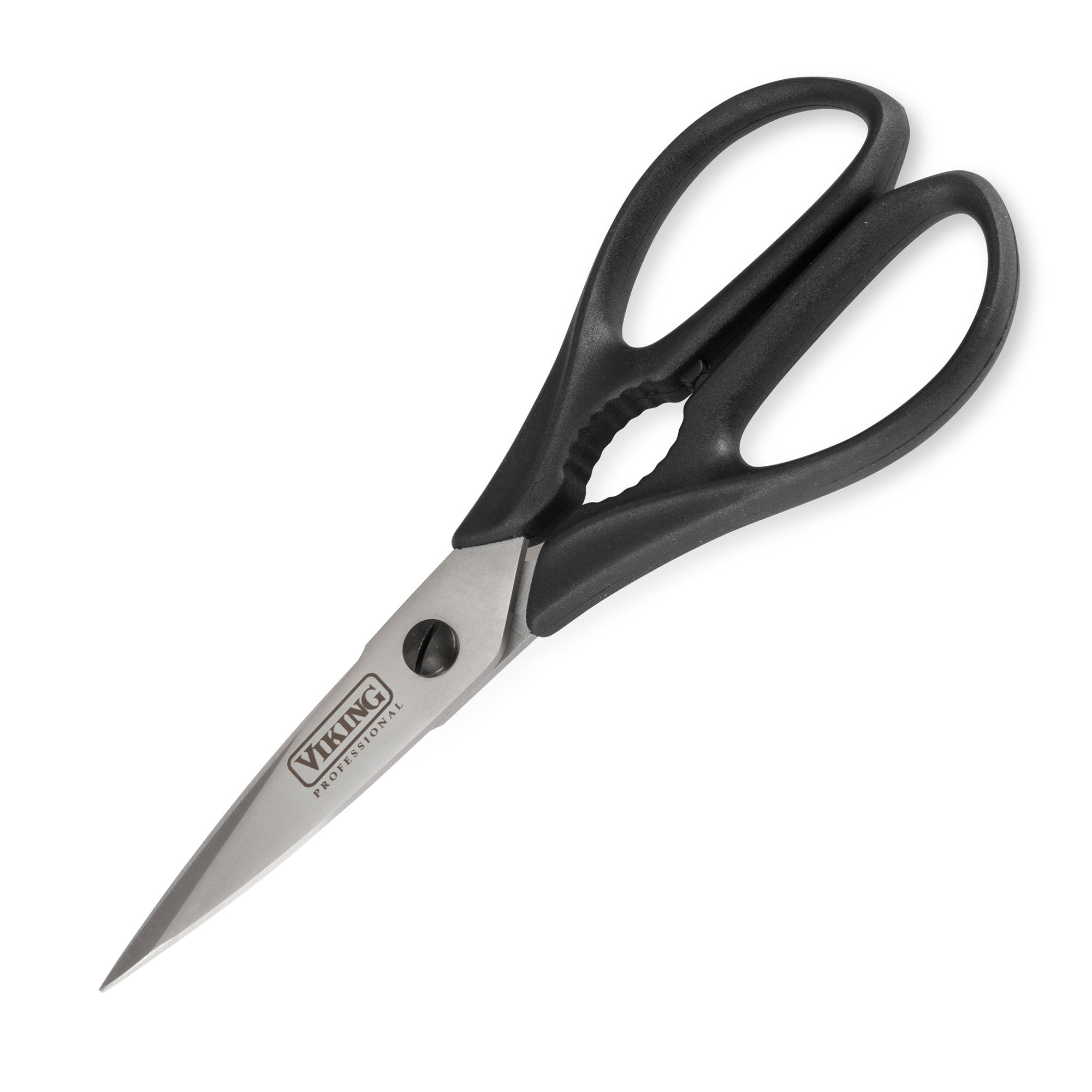 A pair of Viking Professional 8-Inch Scissors from Viking Culinary Products with black ergonomic handles, full-tang stainless steel blades, and the VIKING logo printed on one blade is shown on a white background.