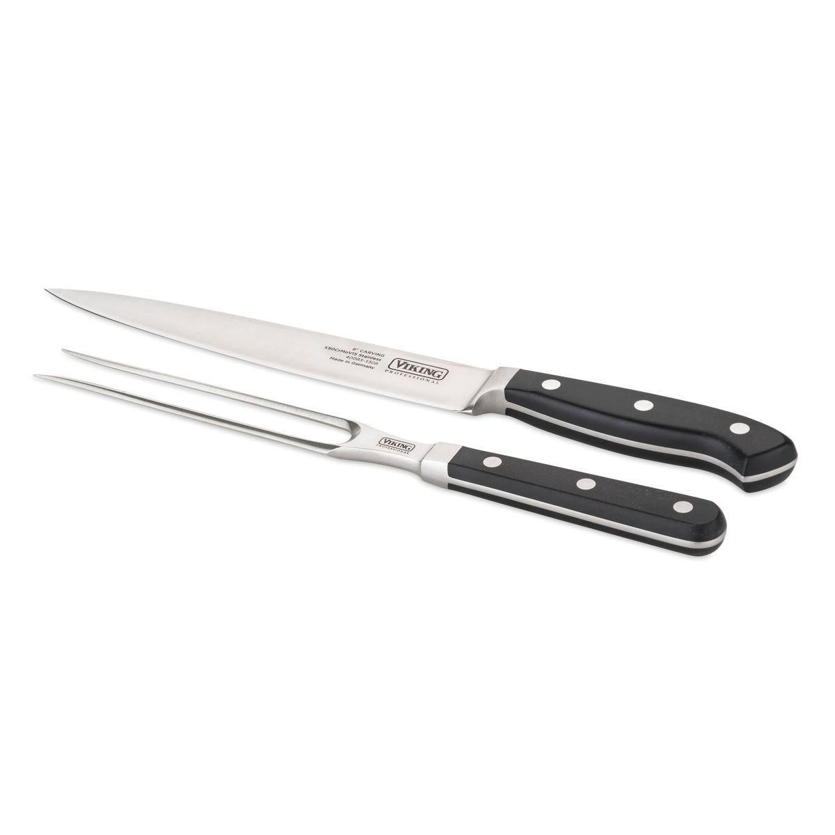 The Viking Professional 2-Piece Carving Set by Viking Culinary Products, featuring a carving knife and meat fork with black handles and silver rivets, both crafted from premium German steel, is displayed side by side on a white background.