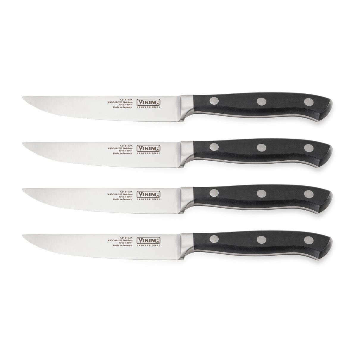 Four Viking Professional steak knives from Viking Culinary Products, crafted from German steel with black handles and silver rivets, are arranged horizontally on a white background.