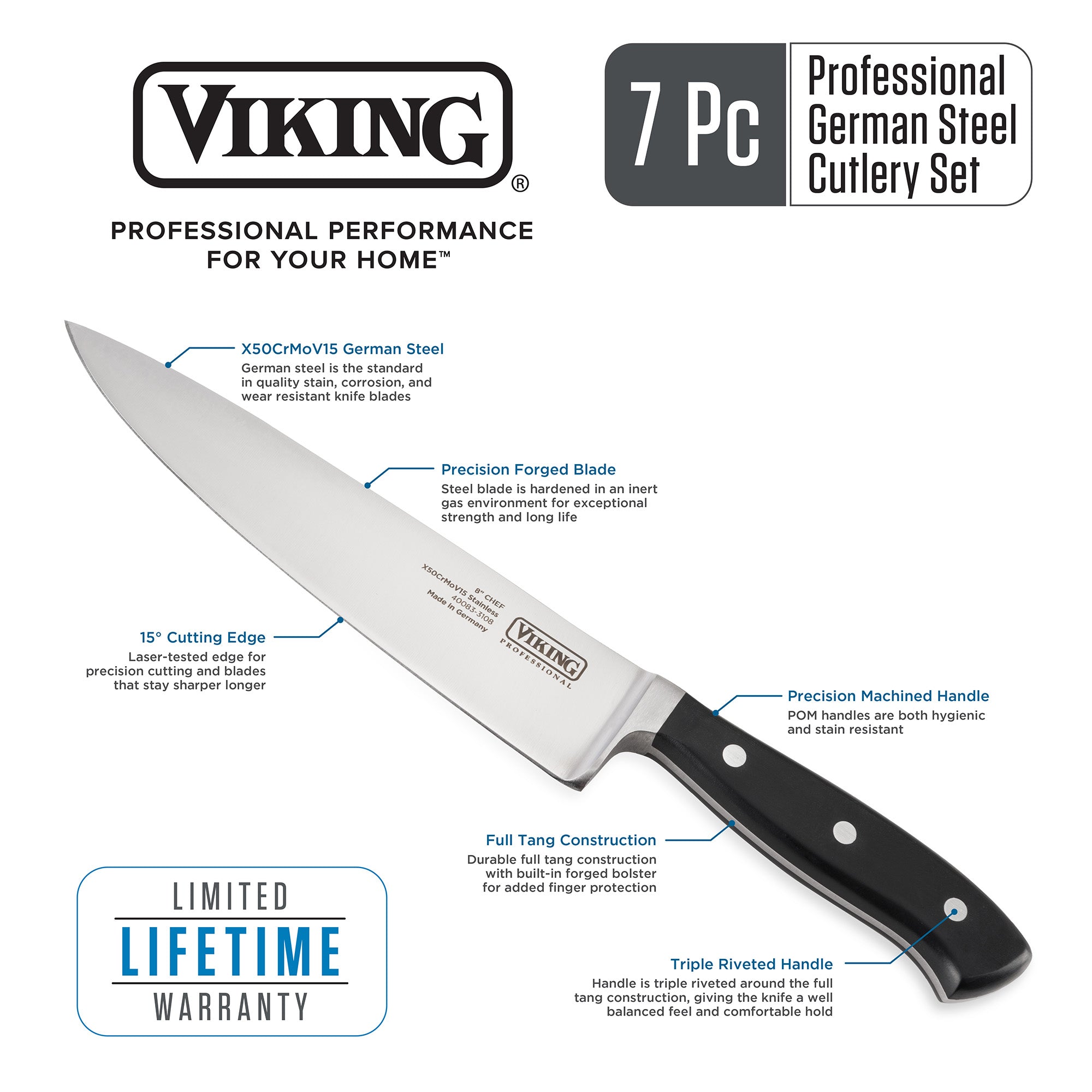The Viking Professional 3.5-Inch Paring Knife by Viking Culinary Products features a forged German steel blade, full tang design, black riveted handle, is dishwasher safe, and comes with warranty information.