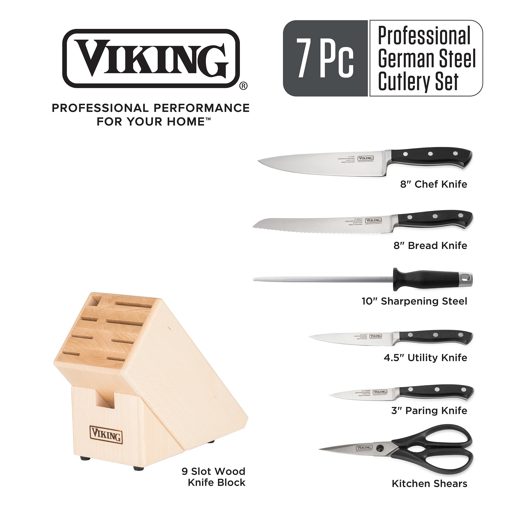 The Viking Professional 7-Piece Cutlery Set by Viking Culinary Products features German steel, full-tang knives with black handles—chef, bread, utility, and paring—plus kitchen shears, sharpening steel, and a 9-slot wooden knife block.