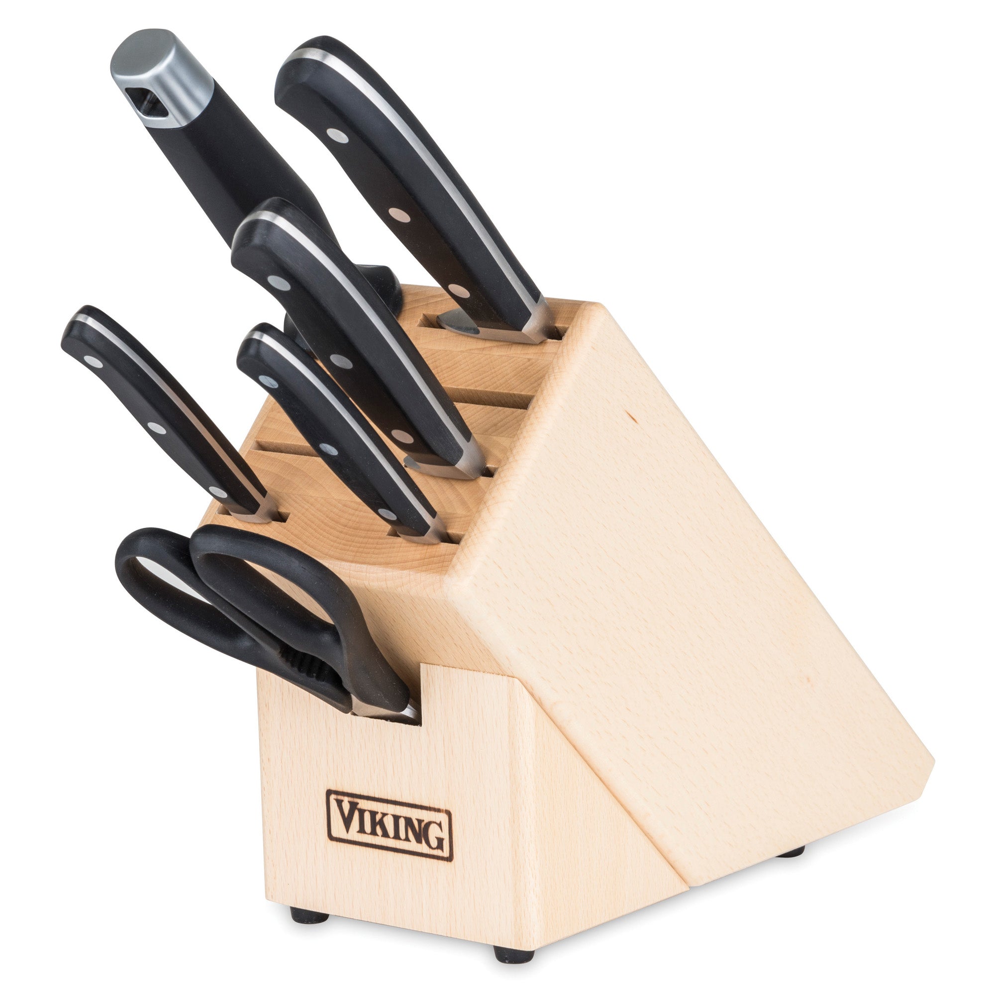 The Viking Professional 9-Slot Beechwood Knife Block by Viking Culinary Products organizes five black-handled knives and kitchen scissors, each in its own slot, and includes a lifetime warranty.