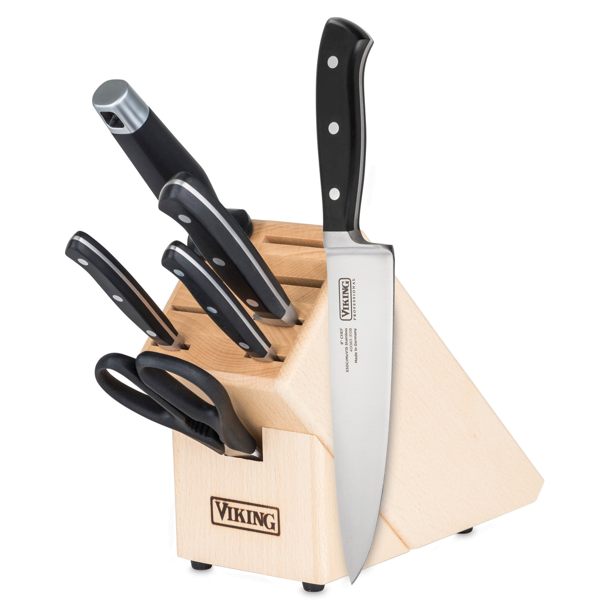 The Viking Professional 7-Piece Cutlery Set by Viking Culinary Products features five black-handled German steel full-tang knives, kitchen shears, and a sharpening steel in a wooden block.