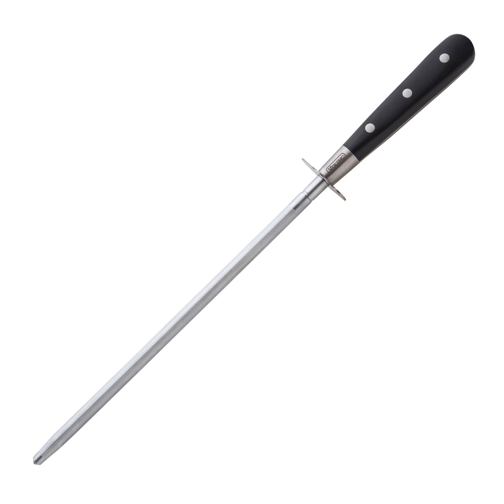 The Viking 15-Piece Stainless Steel Cutlery Set by Viking Culinary Products features a black-handled honing rod with guard, ideal for sharpening kitchen knives or maintaining your chefs knife, shown isolated on a white background.