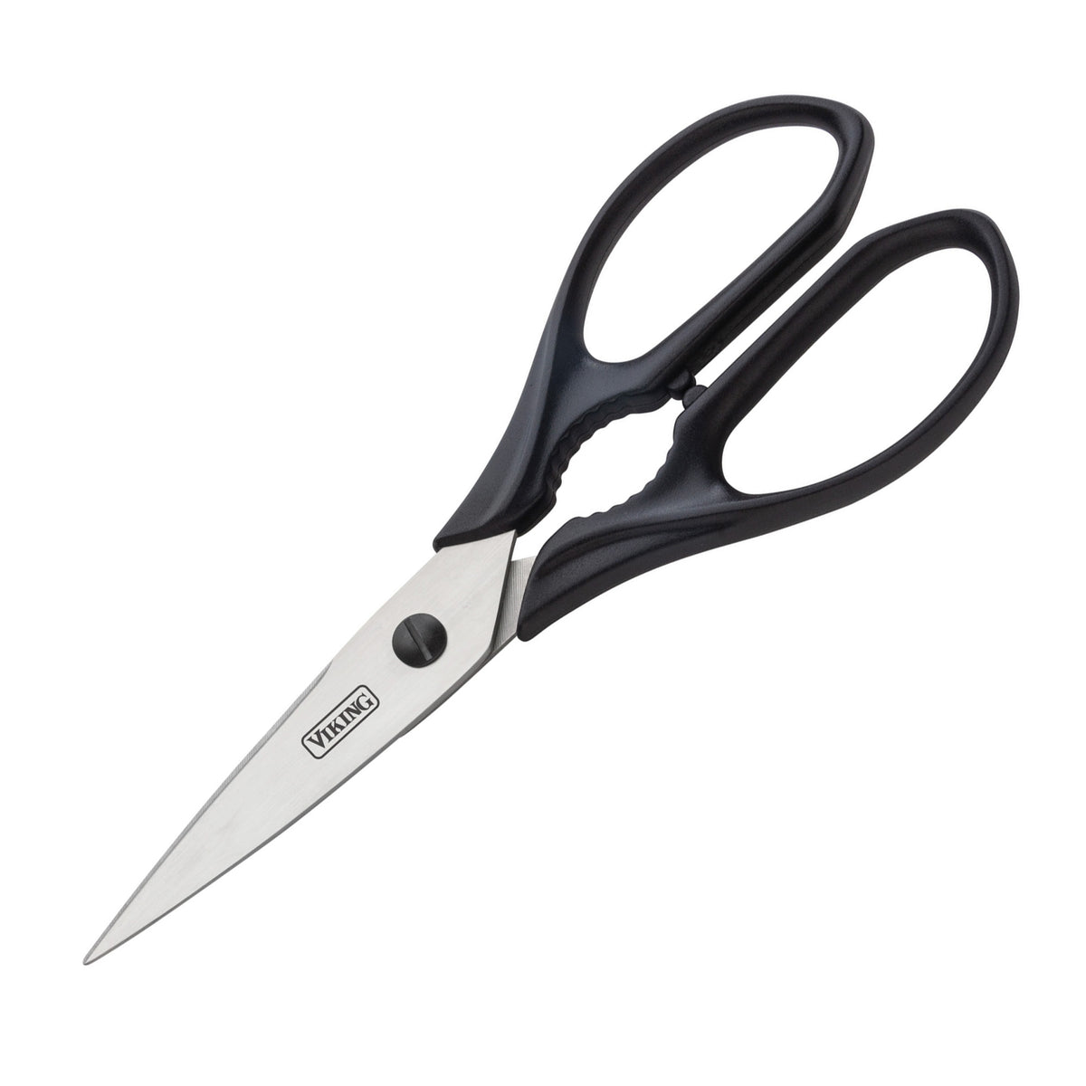 A pair of stainless steel kitchen scissors with black plastic handles, featuring the Viking logo, from the Viking 15-Piece Stainless Steel Cutlery Set with Acacia Wood Block by Viking Culinary Products.