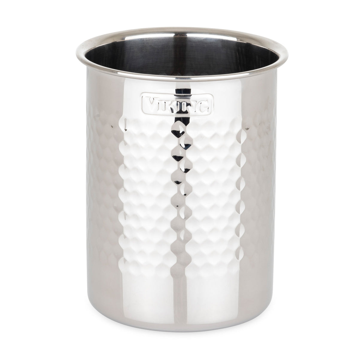 The Viking Hammered Stainless Steel Utensil Holder by Viking Culinary Products features a hammered texture and embossed logo near the rim, shown on a white background. Dishwasher safe for easy cleaning.
